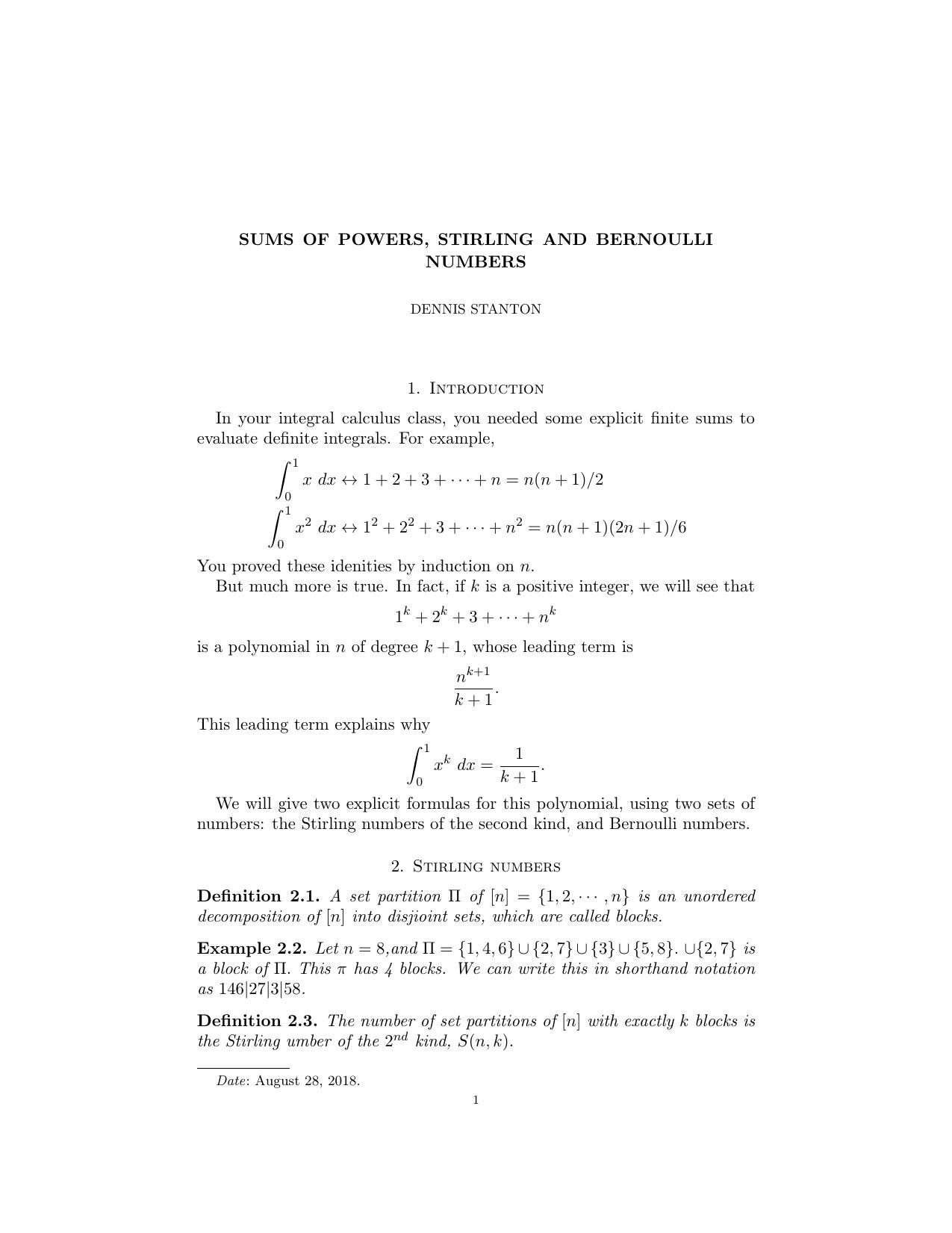 Sums of powers, Stirling and Bernoulli numbers [expository notes] by Dennis Stanton