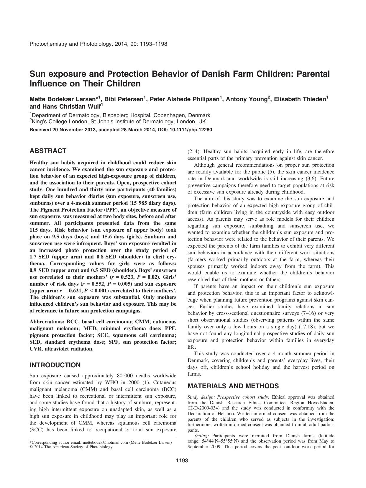 Sun exposure and Protection Behavior of Danish Farm Children: Parental Influence on Their Children by Unknown
