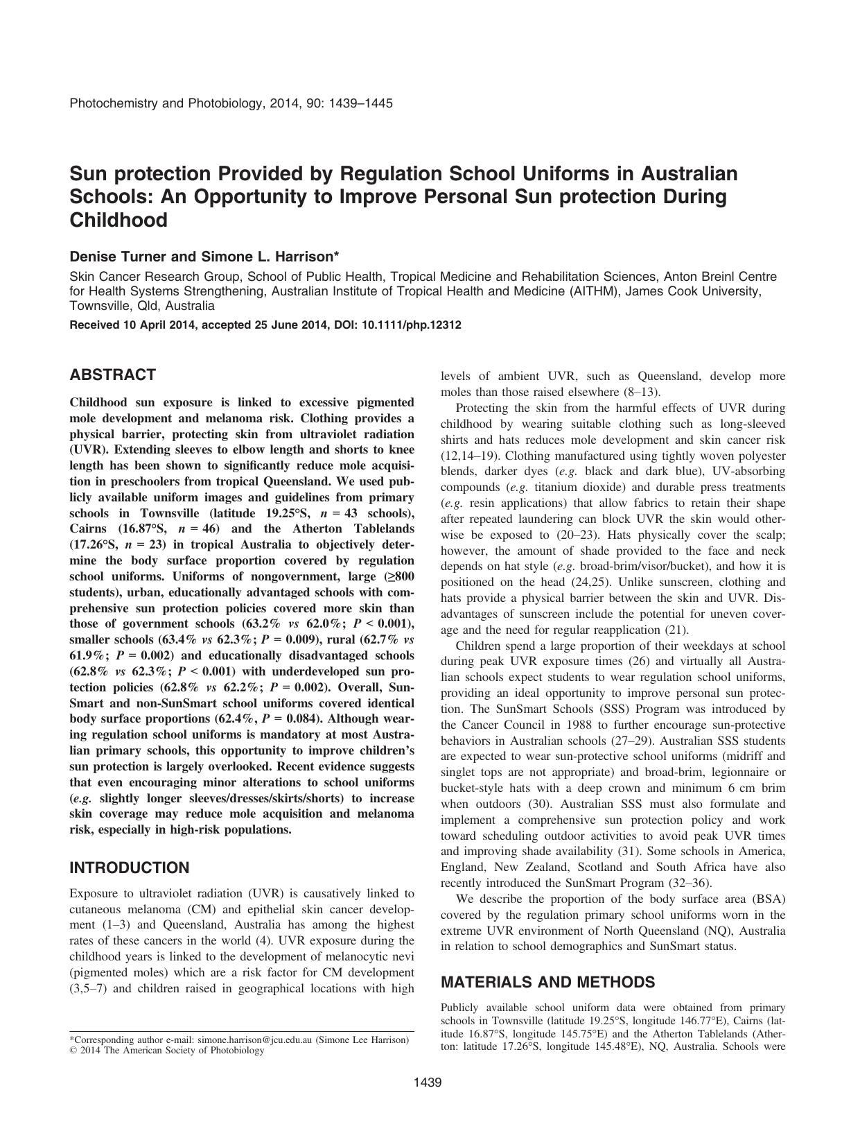 Sun protection Provided by Regulation School Uniforms in Australian Schools: An Opportunity to Improve Personal Sun protection During Childhood by Unknown