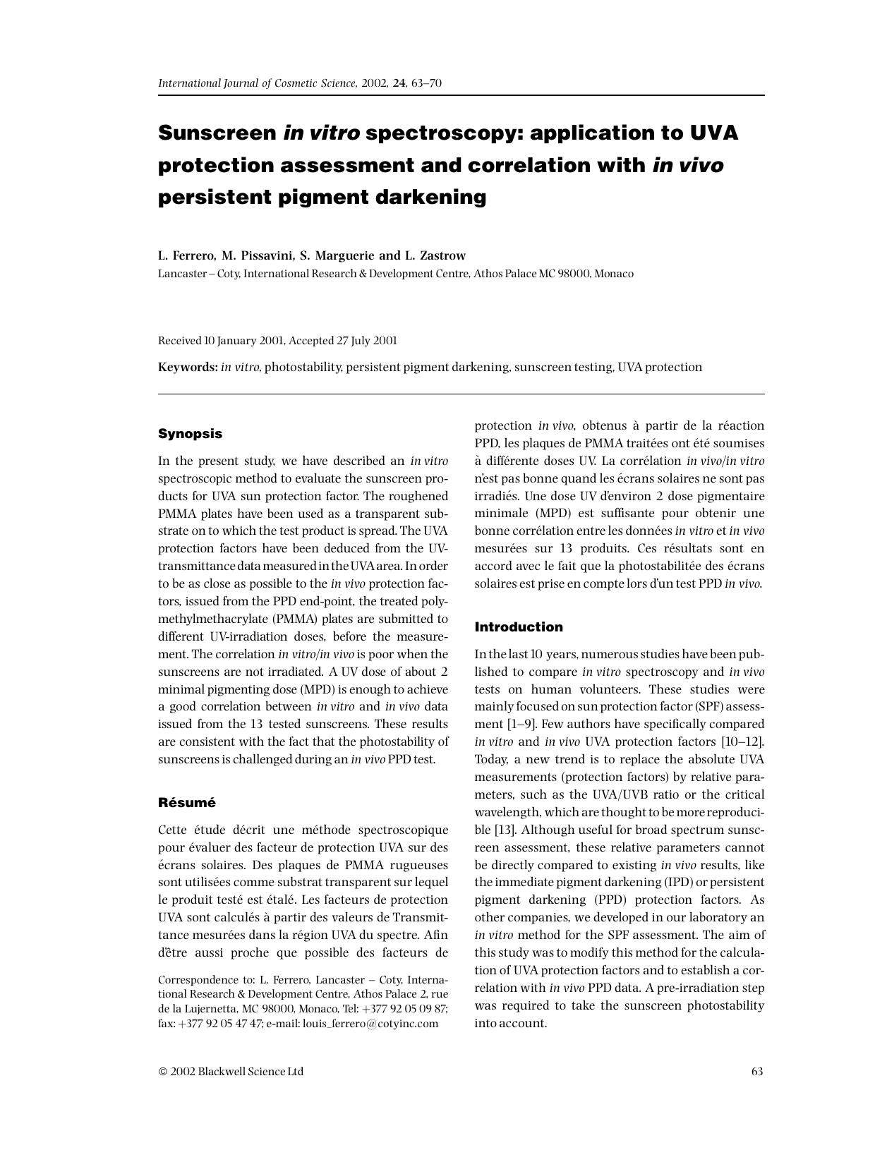 Sunscreen invitro spectroscopy: application to UVA protection assessment and correlation with invivo persistent pigment darkening by Unknown