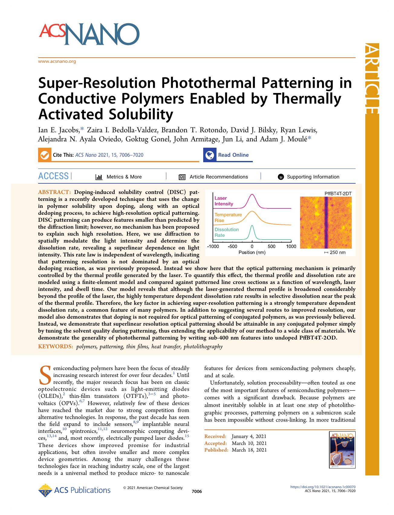Super-Resolution Photothermal Patterning in Conductive Polymers Enabled by Thermally Activated Solubility by unknow