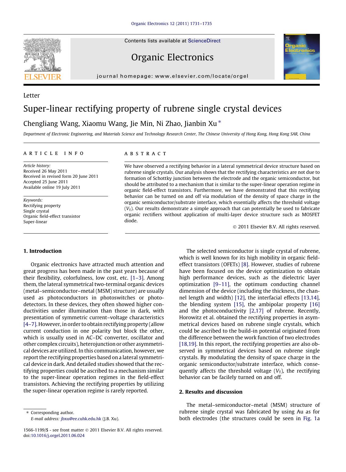 Super-linear rectifying property of rubrene single crystal devices by Chengliang Wang & Xiaomu Wang & Jie Min & Ni Zhao & Jianbin Xu