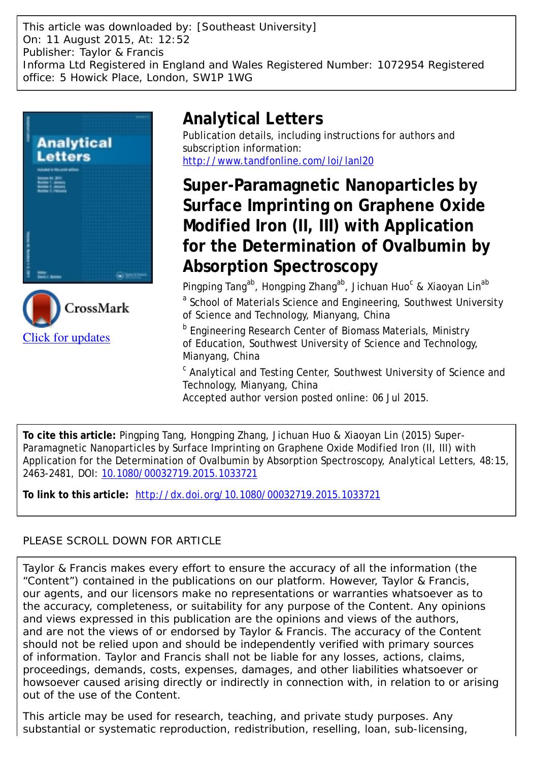 Super-paramagnetic Nanoparticles by Surface Imprinting on Graphene Oxide Modified Iron (II, III) with Application for the Determination of Ovalbumin by Absorption Spectroscopy by Pingping Tang