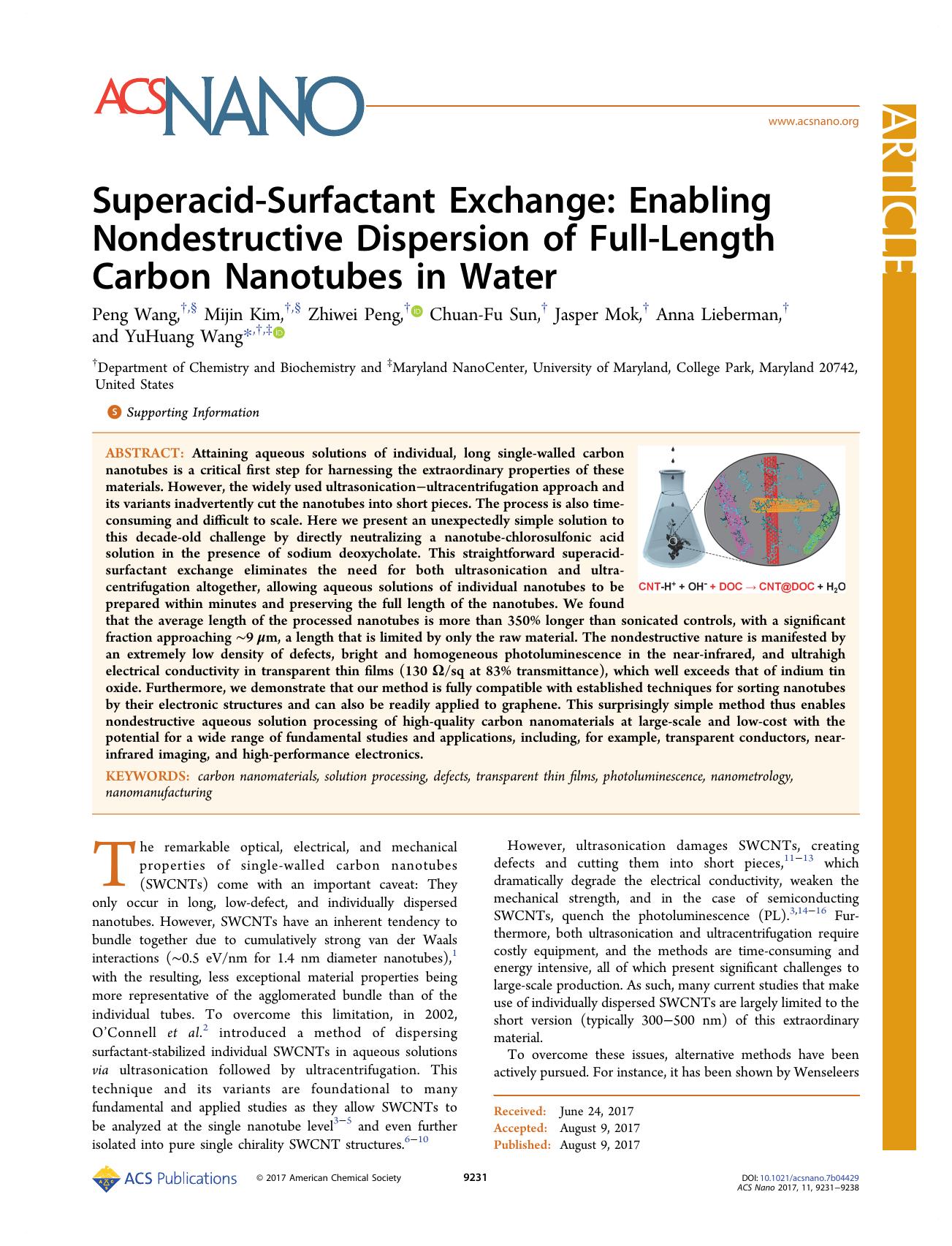Superacid-Surfactant Exchange: Enabling Nondestructive Dispersion of Full-Length Carbon Nanotubes in Water by Peng Wang Mijin Kim Zhiwei Peng Chuan-Fu Sun Jasper Mok Anna Lieberman & YuHuang Wang