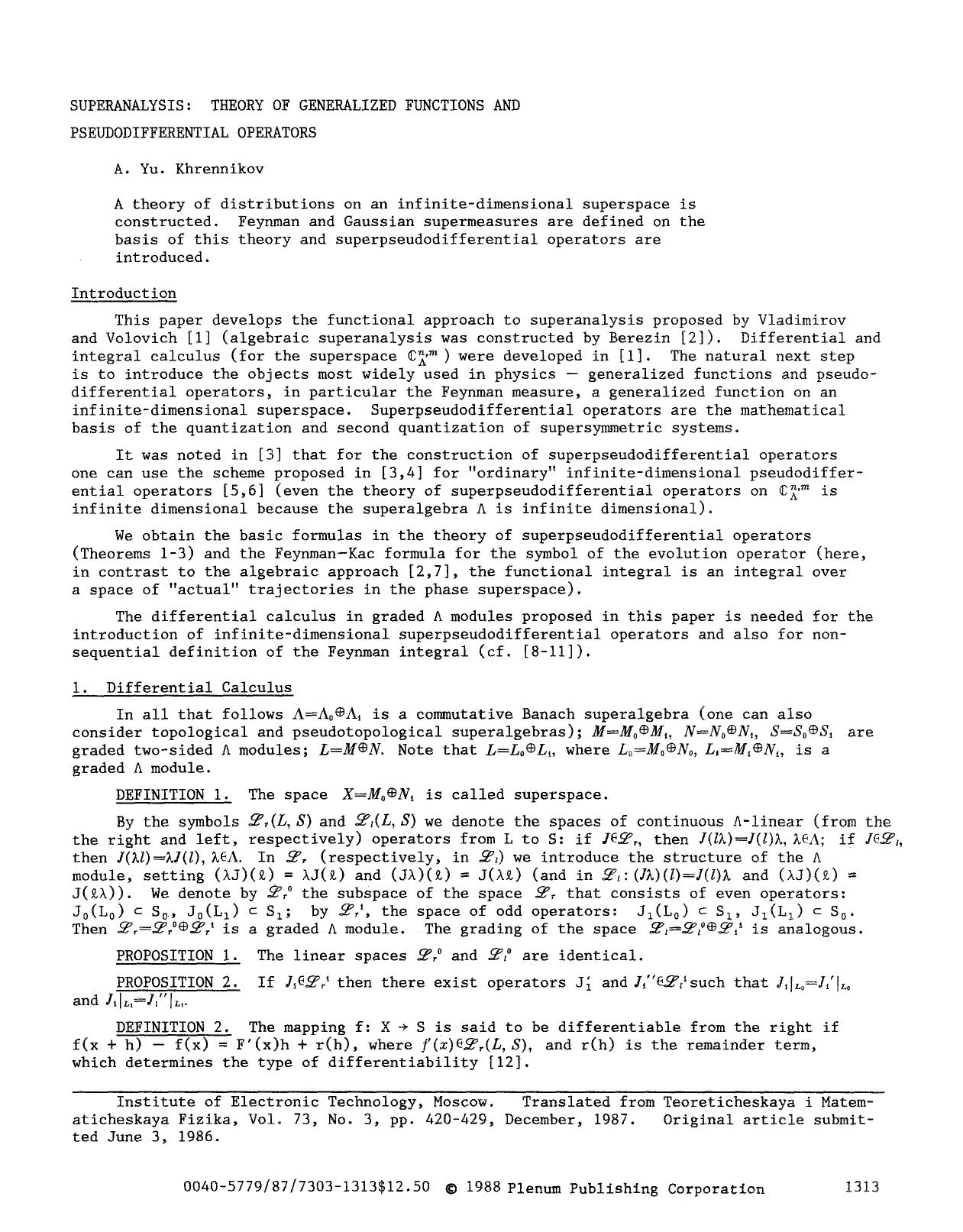 Superanalysis: Theory of generalized functions and pseudodifferential operators by Unknown