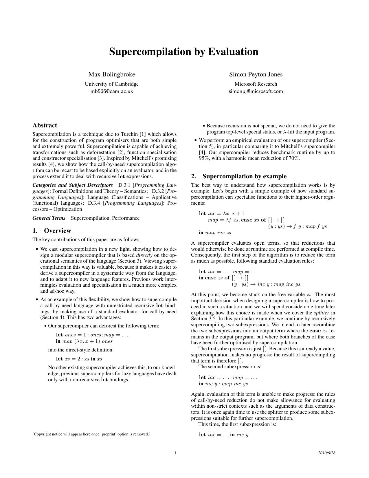 Supercompilation by Evaluation by Peyton-Jones S. Bolingbroke M