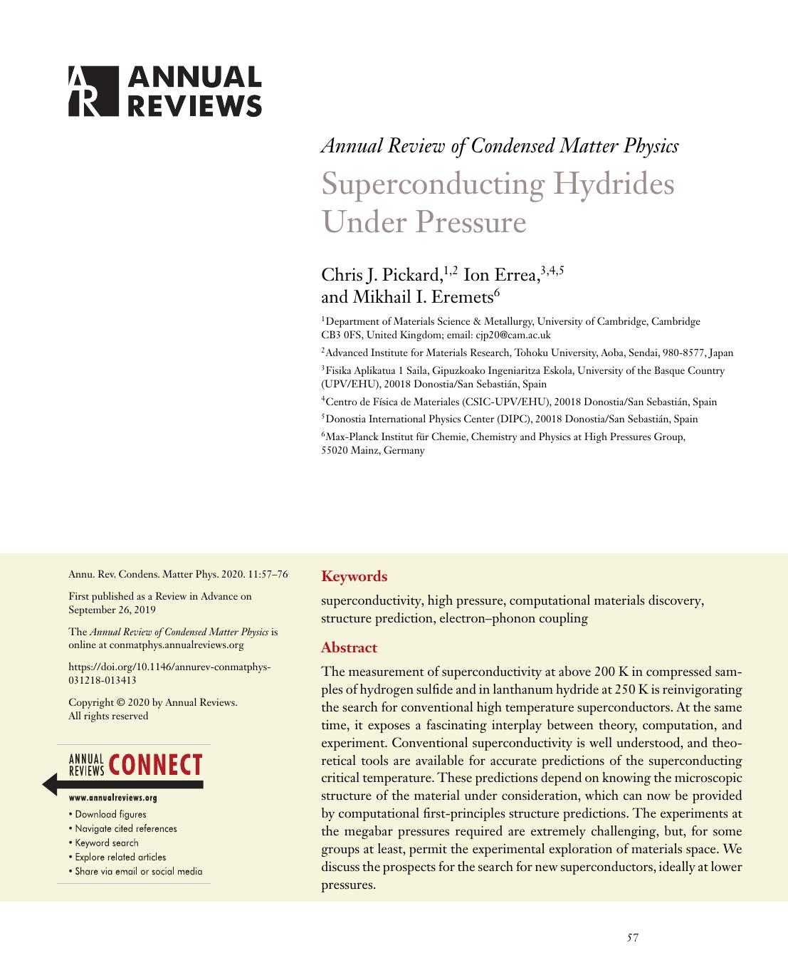 Superconducting Hydrides Under Pressure by Chris J. Pickard Ion Errea Mikhail I. Eremets