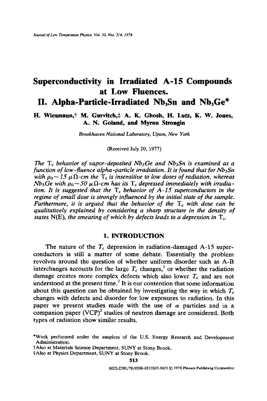 Superconductivity in irradiated A-15 compounds at low fluences II. Alpha-particle-irradiated Nb <Subscript>3 <Subscript>Sn and Nb <Subscript>3 <Subscript>Ge by Unknown