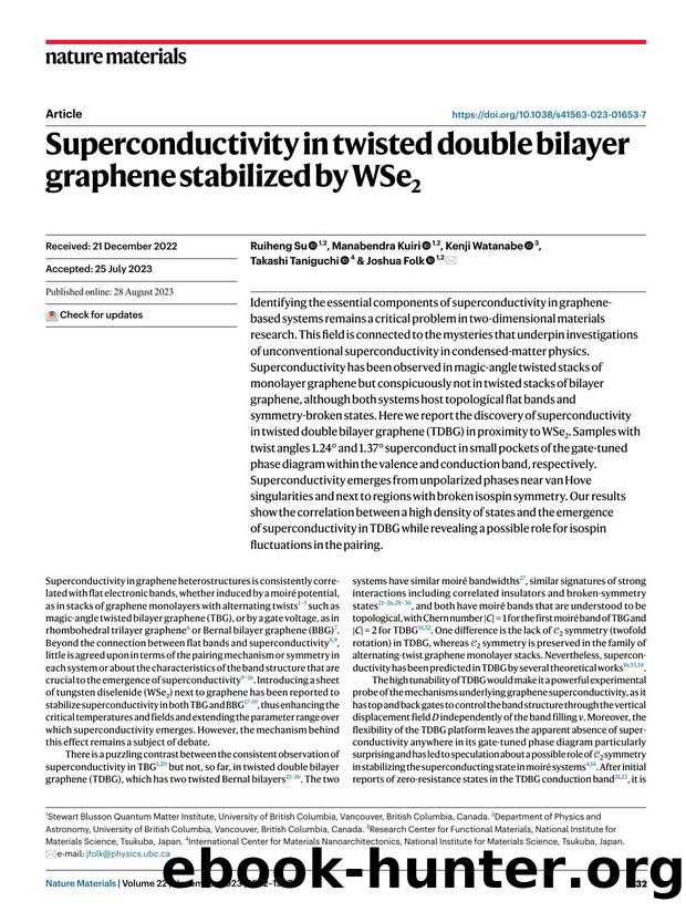 Superconductivity in twisted double bilayer graphene stabilized by WSe2 by Ruiheng Su & Manabendra Kuiri & Kenji Watanabe & Takashi Taniguchi & Joshua Folk