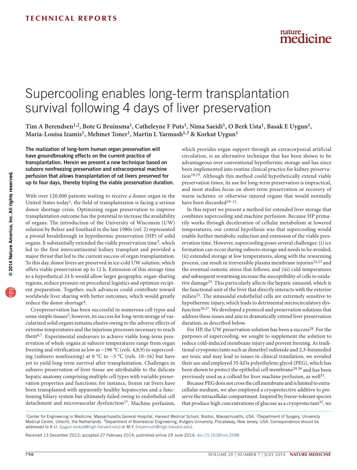Supercooling enables long-term transplantation survival following 4 days of liver preservation by unknow