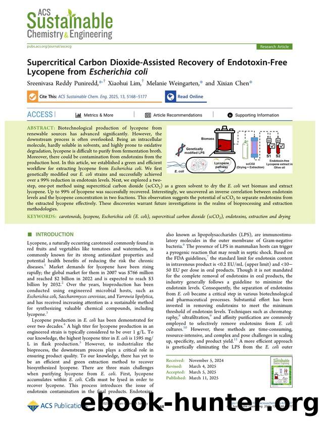 Supercritical Carbon Dioxide-Assisted Recovery of Endotoxin-Free Lycopene from Escherichia coli by Sreenivasa Reddy Puniredd Xiaohui Lim Melanie Weingarten and Xixian Chen