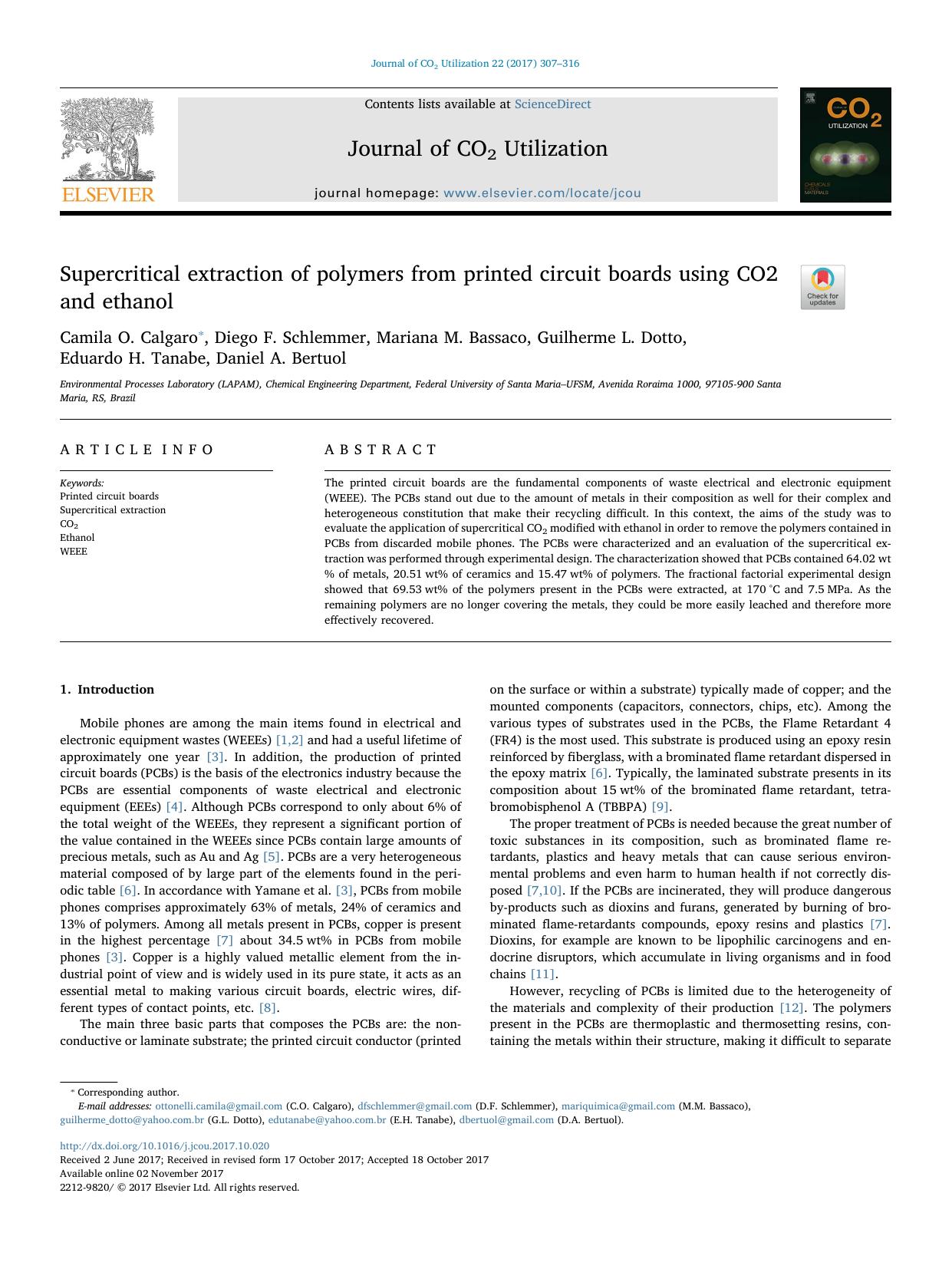 Supercritical extraction of polymers from printed circuit boards using CO2 and ethanol by unknow
