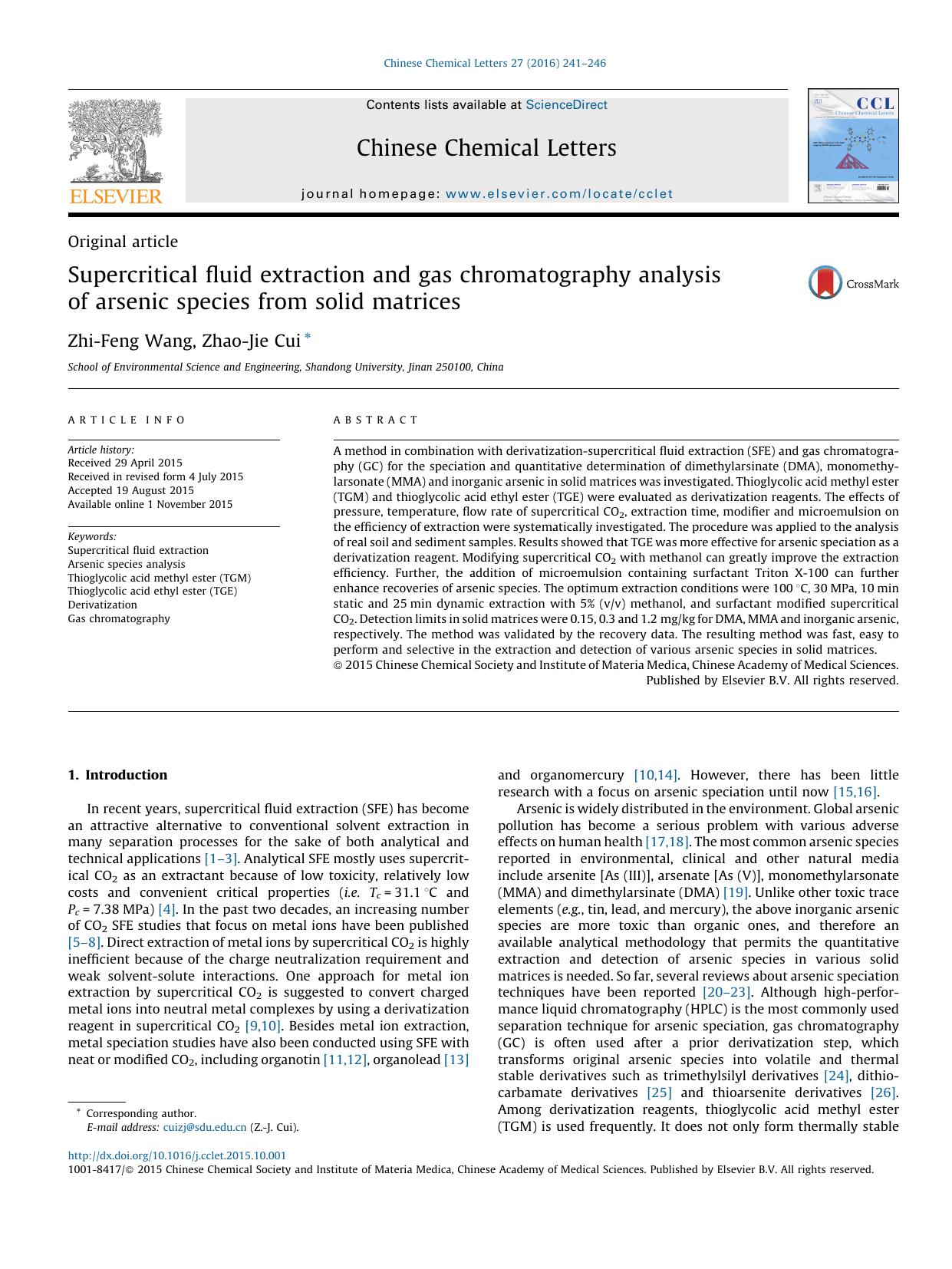 Supercritical fluid extraction and gas chromatography analysis of arsenic species from solid matrices by Zhi-Feng Wang & Zhao-Jie Cui
