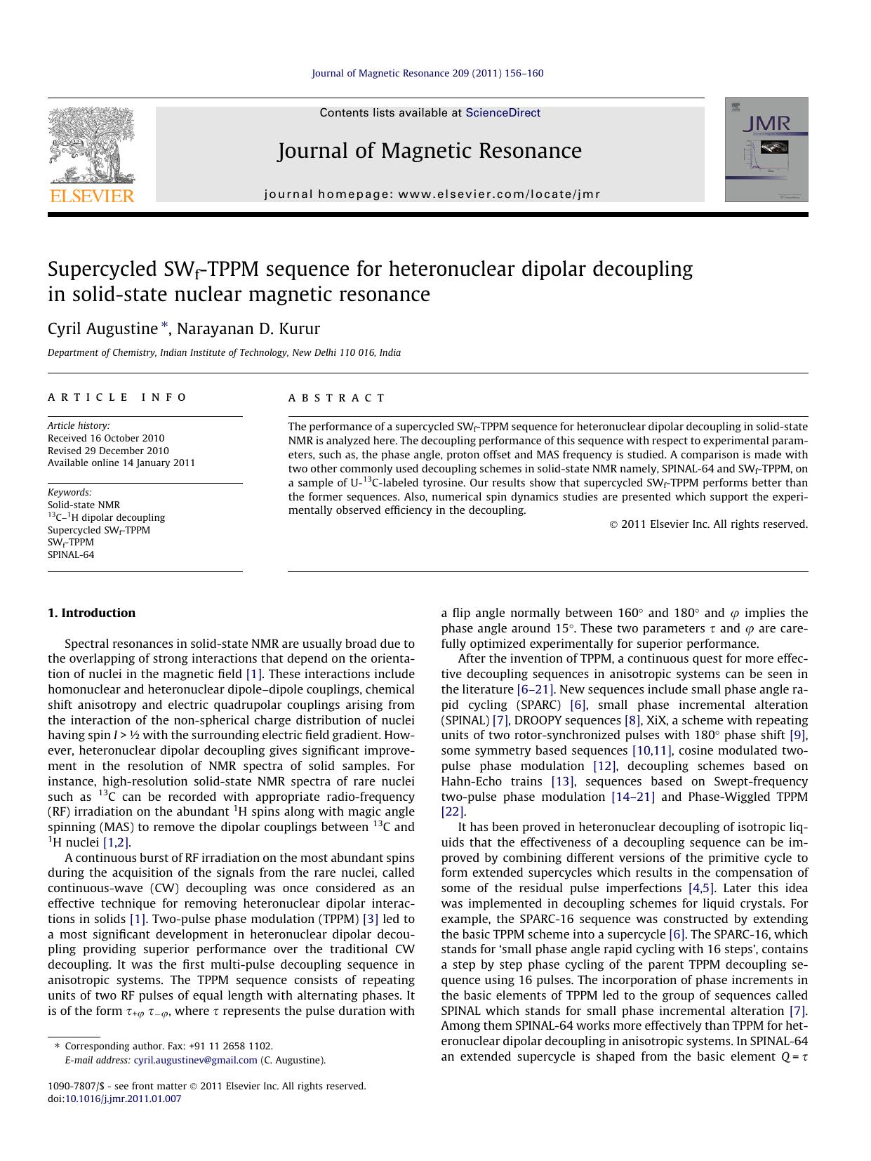 Supercycled SWf-TPPM sequence for heteronuclear dipolar decoupling in solid-state nuclear magnetic resonance by Cyril Augustine & Narayanan D. Kurur