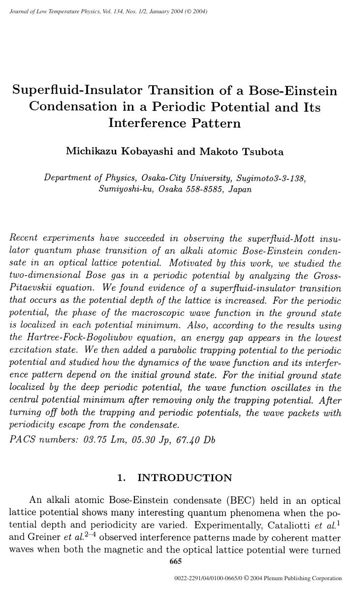 Superfluid-Insulator Transition of a Bose–Einstein Condensation in a Periodic Potential and Its Interference Pattern by Unknown