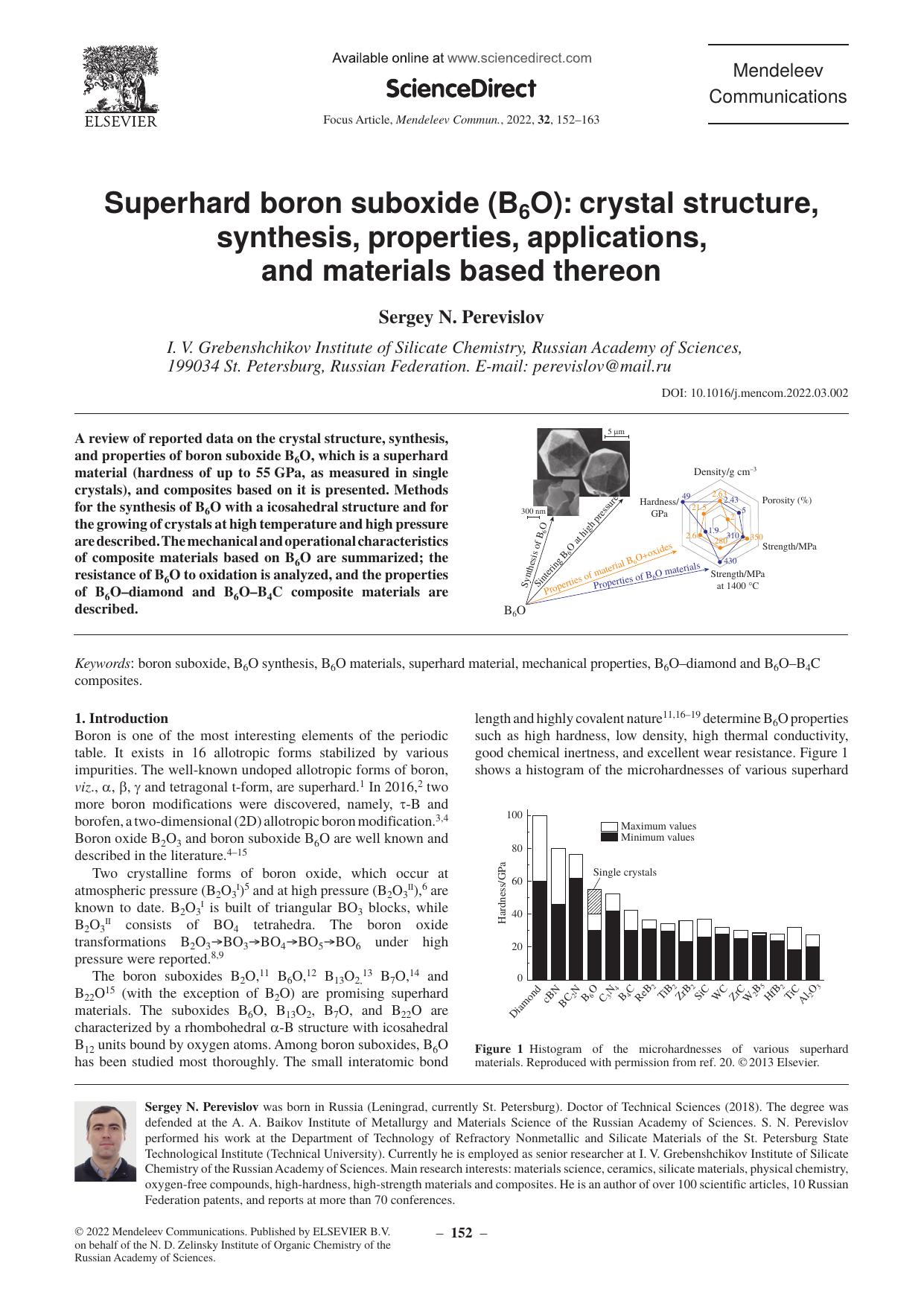 Superhard boron suboxide (B6O): Crystal structure, synthesis, properties, applications, and materials based thereon by Sergey N. Perevislov