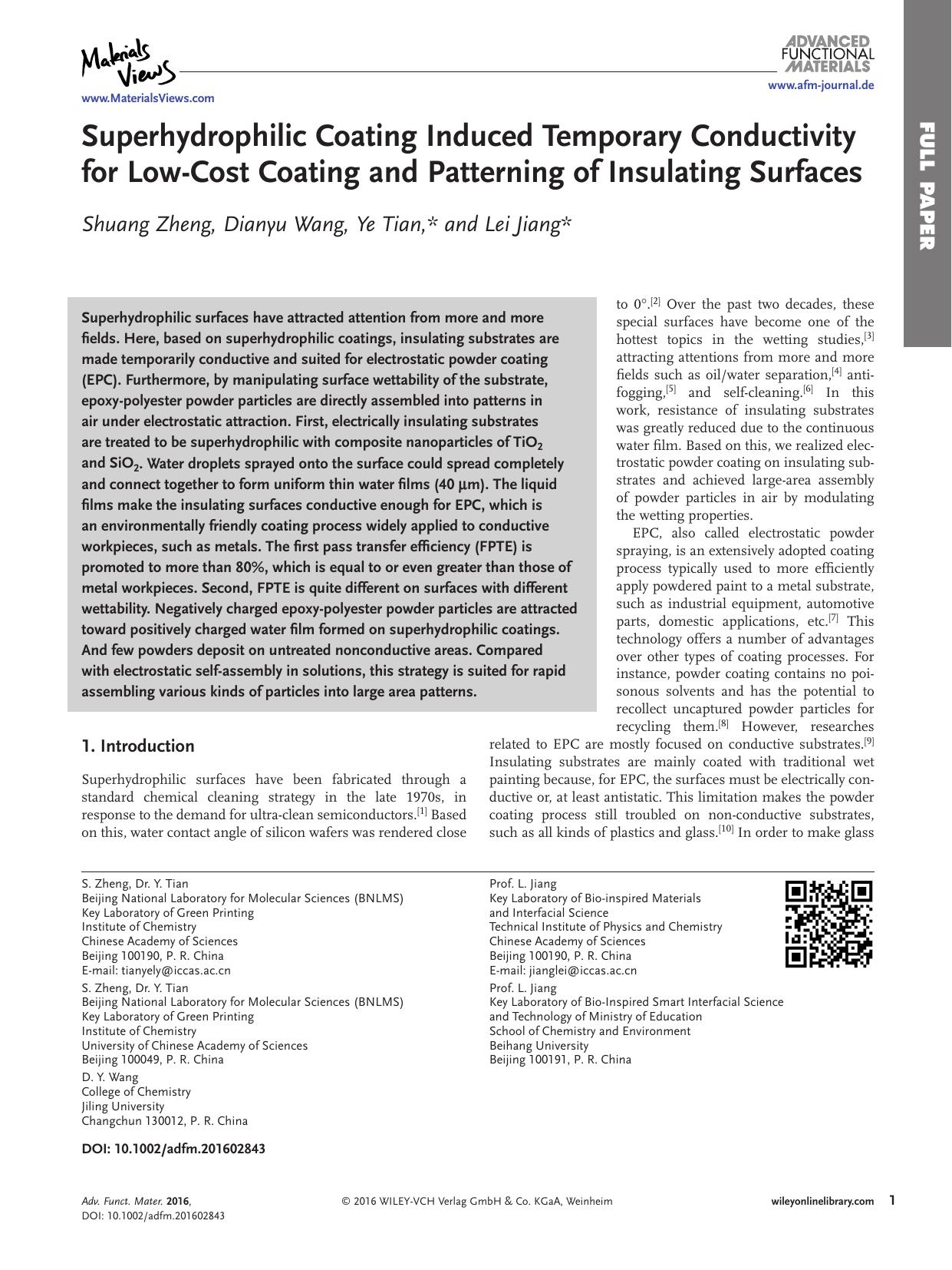 Superhydrophilic Coating Induced Temporary Conductivity for Low‐Cost Coating and Patterning of Insulating Surfaces by Unknown