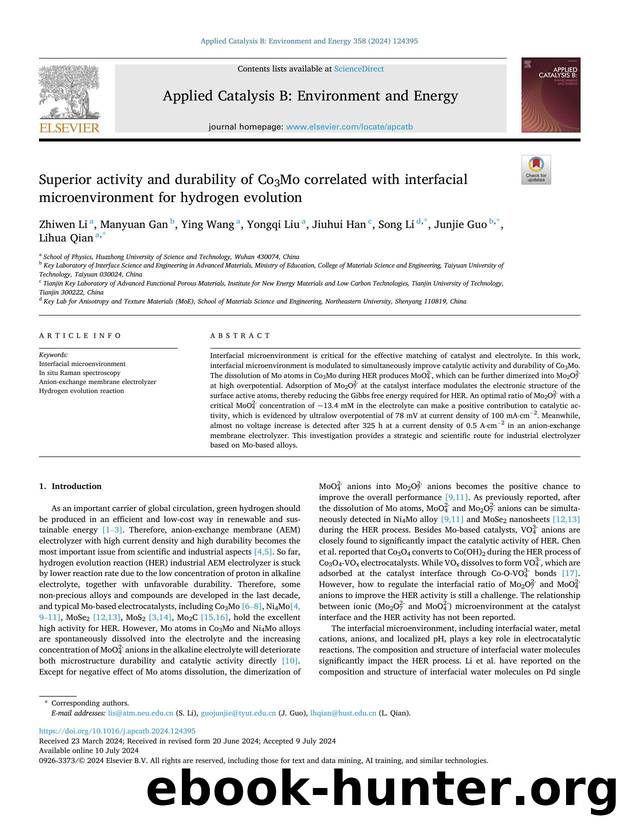 Superior activity and durability of Co3Mo correlated with interfacial microenvironment for hydrogen evolution by Zhiwen Li & Manyuan Gan & Ying Wang & Yongqi Liu & Jiuhui Han & Song Li & Junjie Guo & Lihua Qian