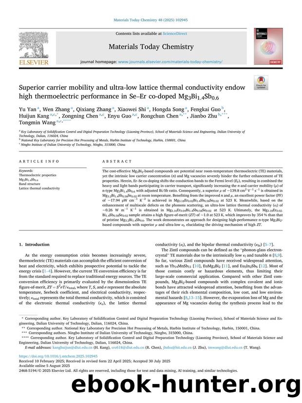 Superior carrier mobility and ultra-low lattice thermal conductivity endow high thermoelectric performance in SeâEr co-doped Mg3Bi1.4Sb0.6 by unknow