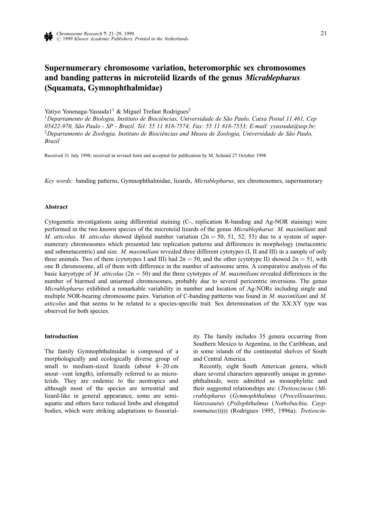 Supernumerary Chromosome Variation, Heteromorphic Sex Chromosomes and Banding Patterns in Microteiid Lizards of the Genus Micrablepharus (Squamata, Gymnophthalmidae) by Unknown