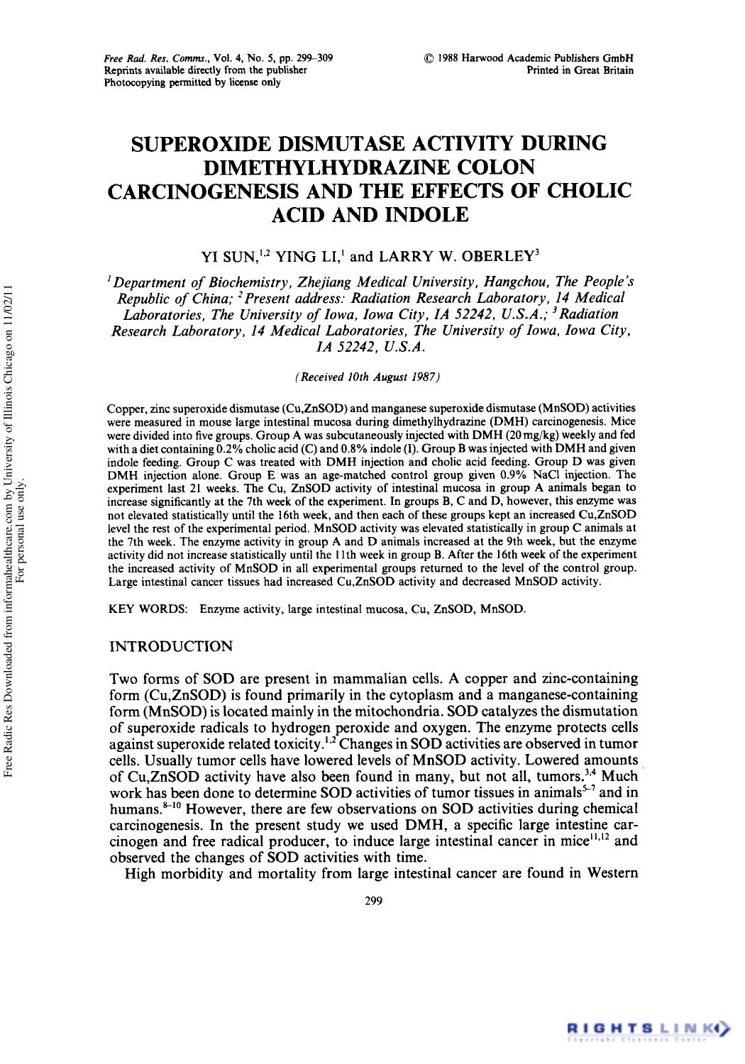 Superoxide Dismutase Activity During Dimethylhydrazine Colon Carcinogenesis and the Effects of Cholic Acid and Indole by Yi Sun1† Ying Li1 & Larry W. Oberley2