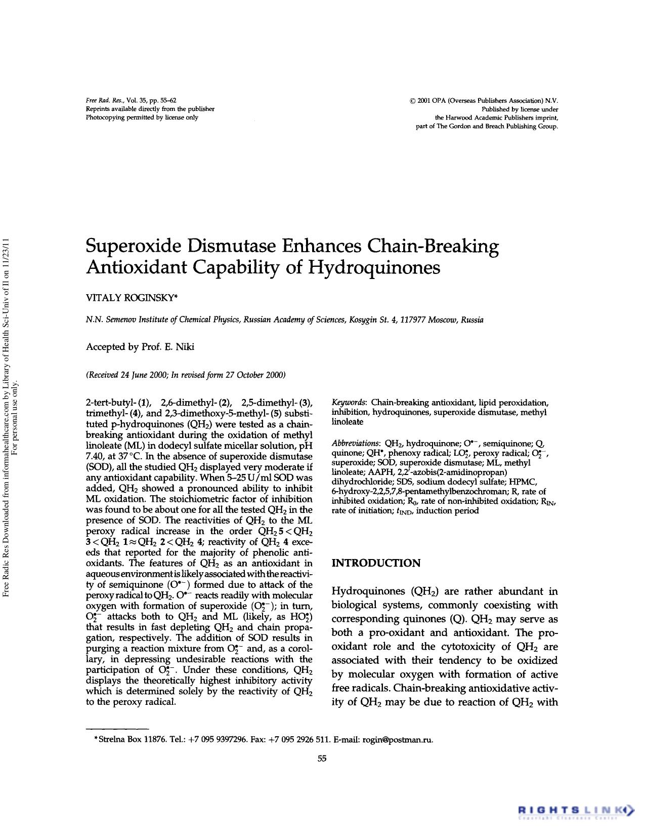 Superoxide dismutase enhances chain-breaking antioxidant capability of hydroquinones by Vitaly Roginsky
