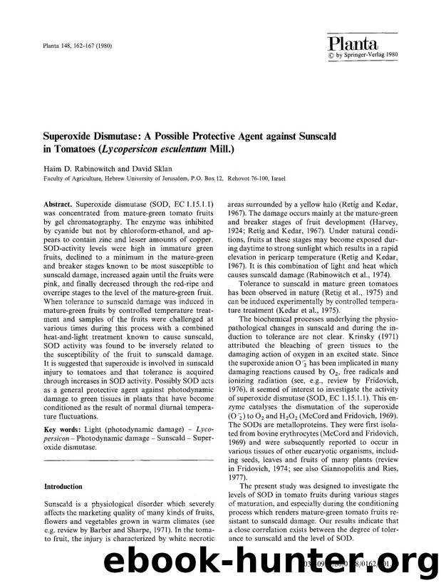 Superoxide dismutase: A possible protective agent against sunscald in tomatoes (<Emphasis Type="Italic">lycopersicon esculentum<Emphasis> mill.) by Unknown