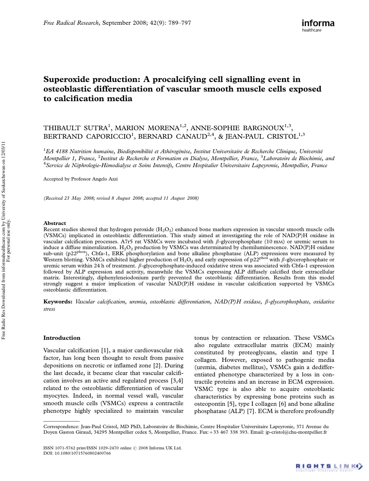 Superoxide production: A procalcifying cell signalling event in osteoblastic differentiation of vascular smooth muscle cells exposed to calcification media by unknow