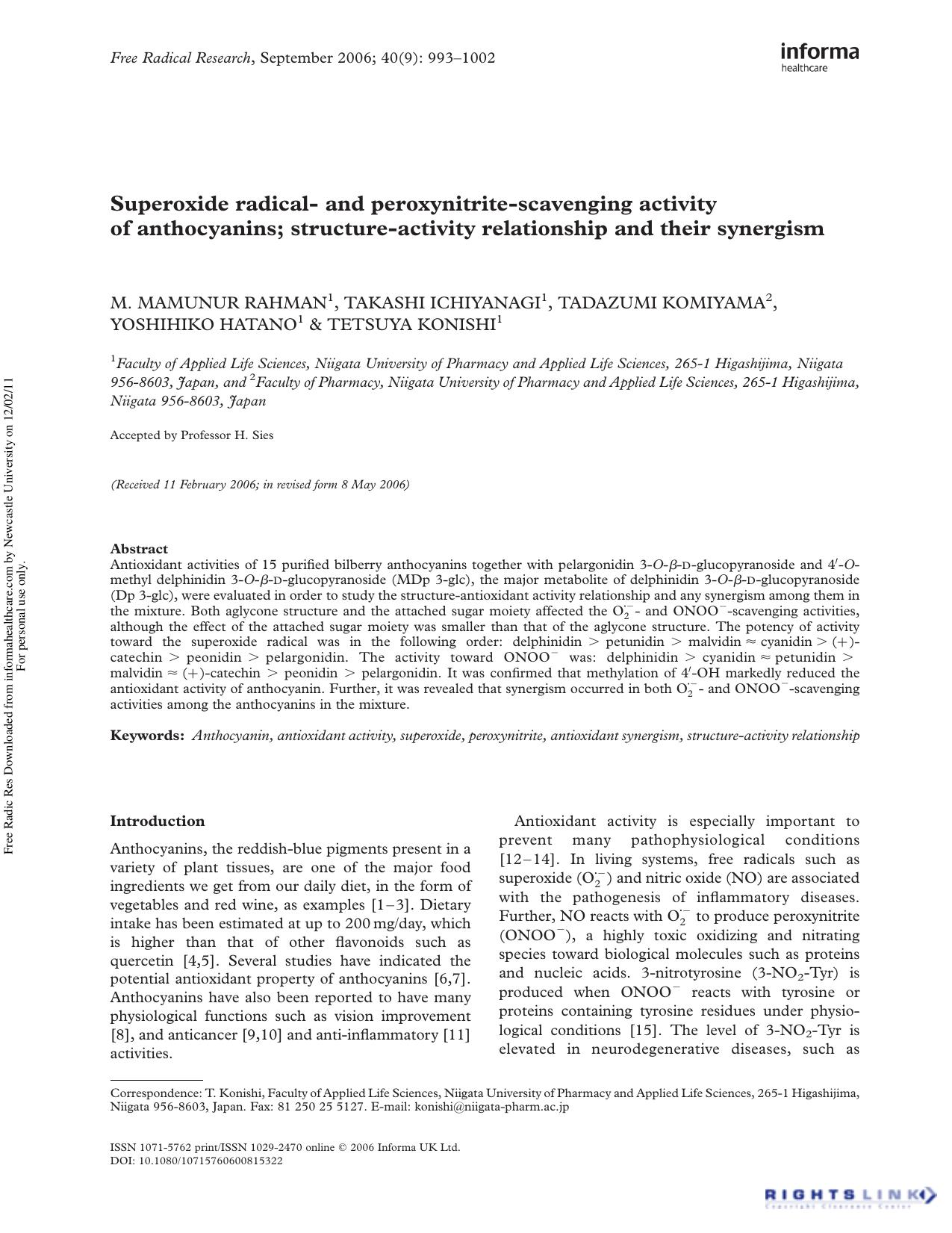 Superoxide radical- and peroxynitrite-scavenging activity of anthocyanins; structure-activity relationship and their synergism by M. Mamunur Rahman1 Takashi Ichiyanagi1 Tadazumi Komiyama2 Yoshihiko Hatano1 & Tetsuya Konishi1†