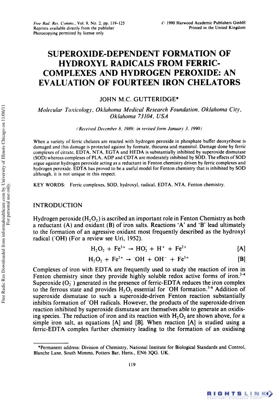 Superoxide-Dependent Formation of Hydroxyl Radicals from Ferric-Complexes and Hydrogen Peroxide: An Evaluation of Fourteen Iron Chelators by John M.C. Gutteridge†