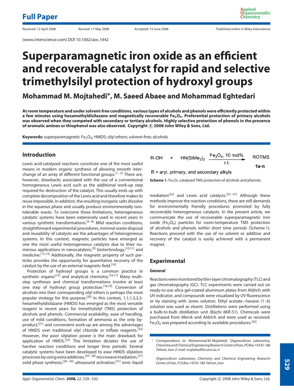 Superparamagnetic iron oxide as an efficient and recoverable catalyst for rapid and selective trimethylsilyl protection of hydroxyl groups by Unknown