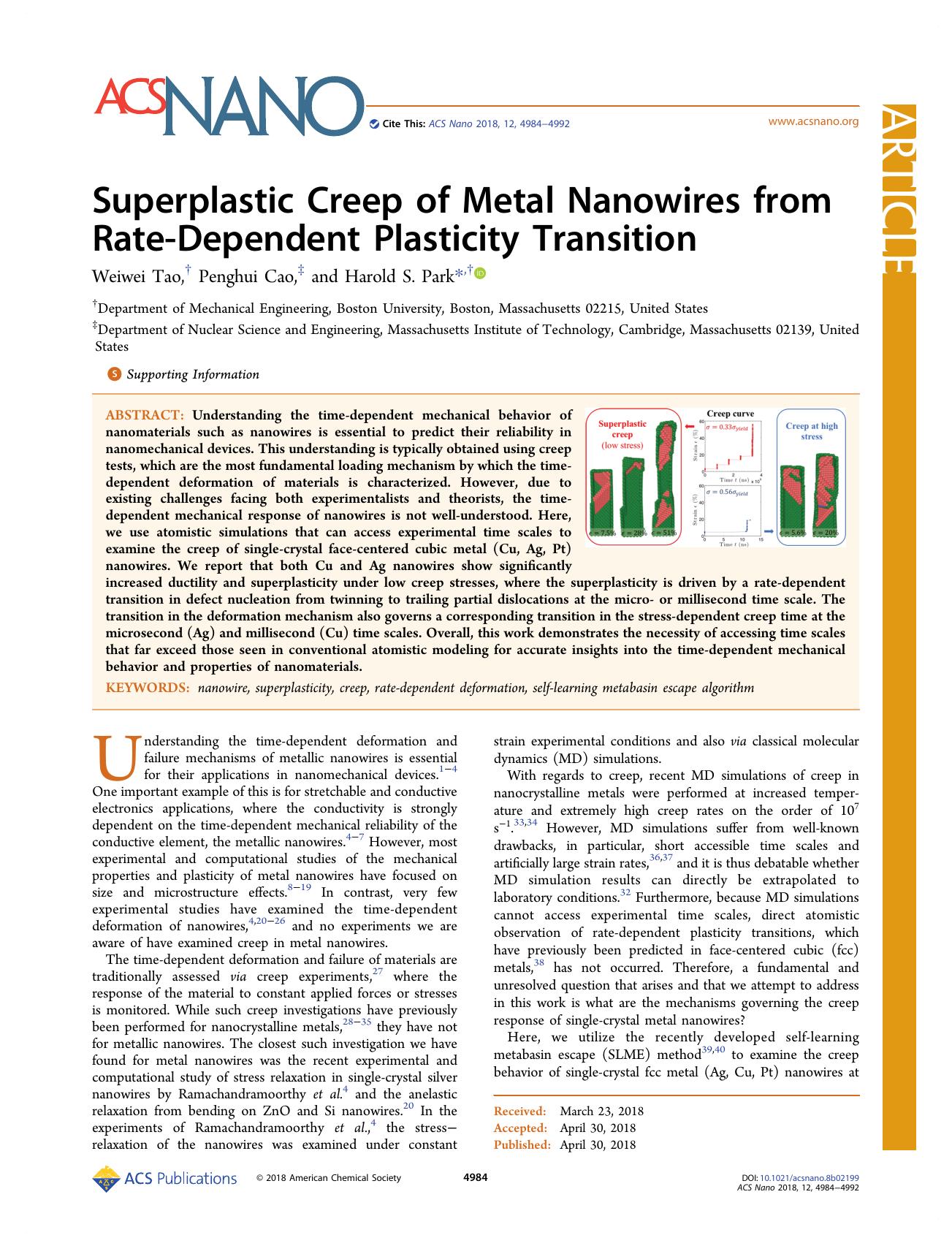 Superplastic Creep of Metal Nanowires from Rate-Dependent Plasticity Transition by Weiwei Tao Penghui Cao and Harold S. Park
