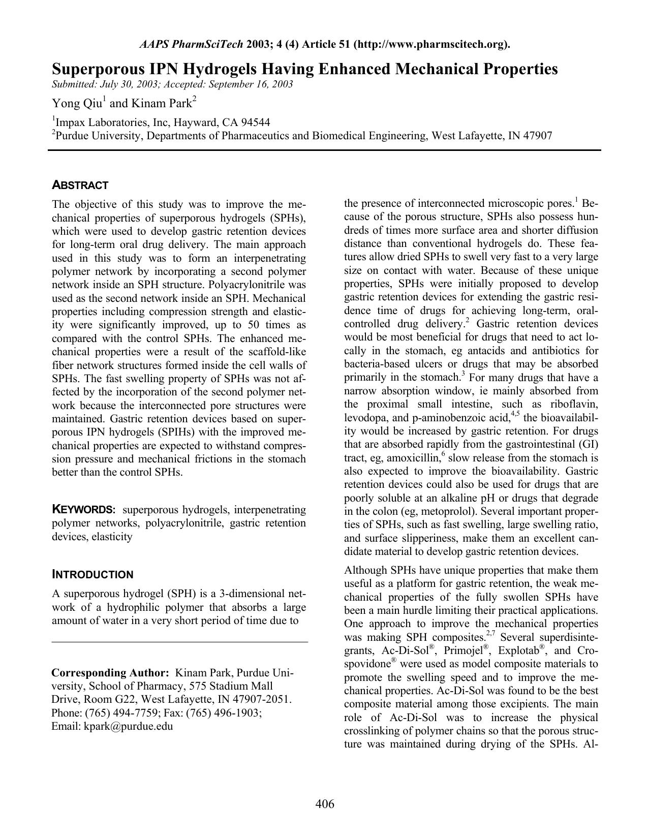Superporous IPN hydrogels having enhanced mechanical properties by Unknown