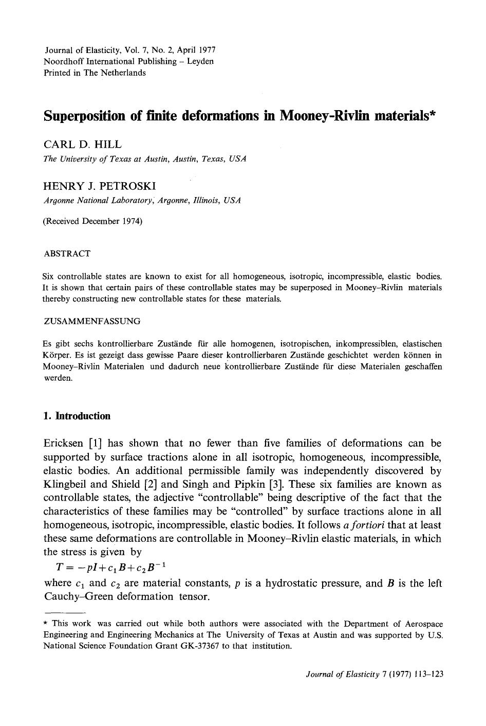 Superposition of finite deformations in Mooney-Rivlin materials by Superposition of finite deformations in Mooney-Rivlin materials (1977)