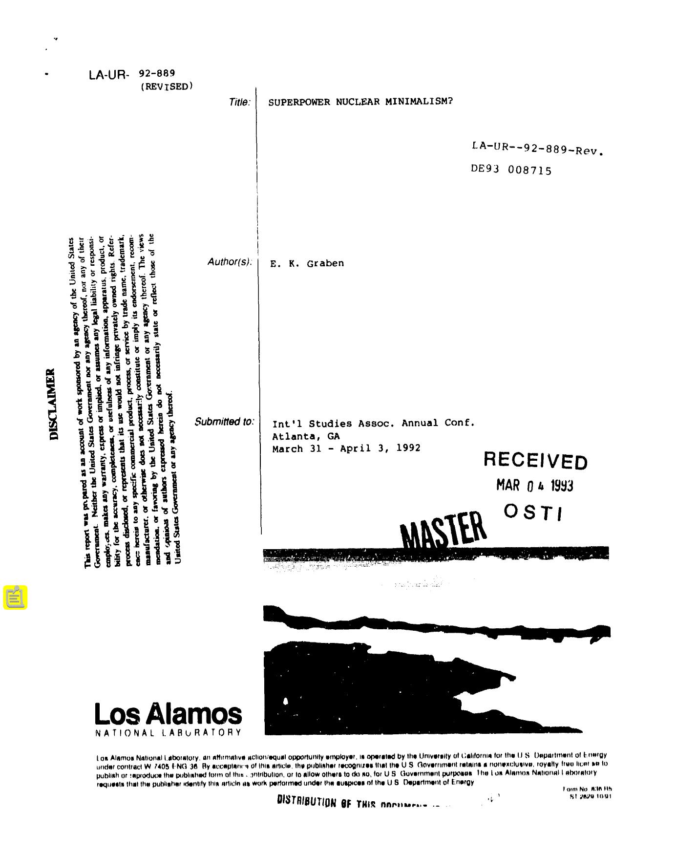 Superpower nuclear minimalism in the post-Cold War era? None by LANL Research Library LWW Project