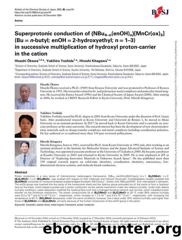 Superprotonic conduction of {NBu4ân(enOH)n}[MnCr(ox)3] (Buâ=ân-butyl; enOHâ=â2-hydroxyethyl; nâ=â1â3) in successive multiplication of hydroxyl proton-carrier in the cation by Hisashi Ōkawa & Yukihiro Yoshida & Hiroshi Kitagawa