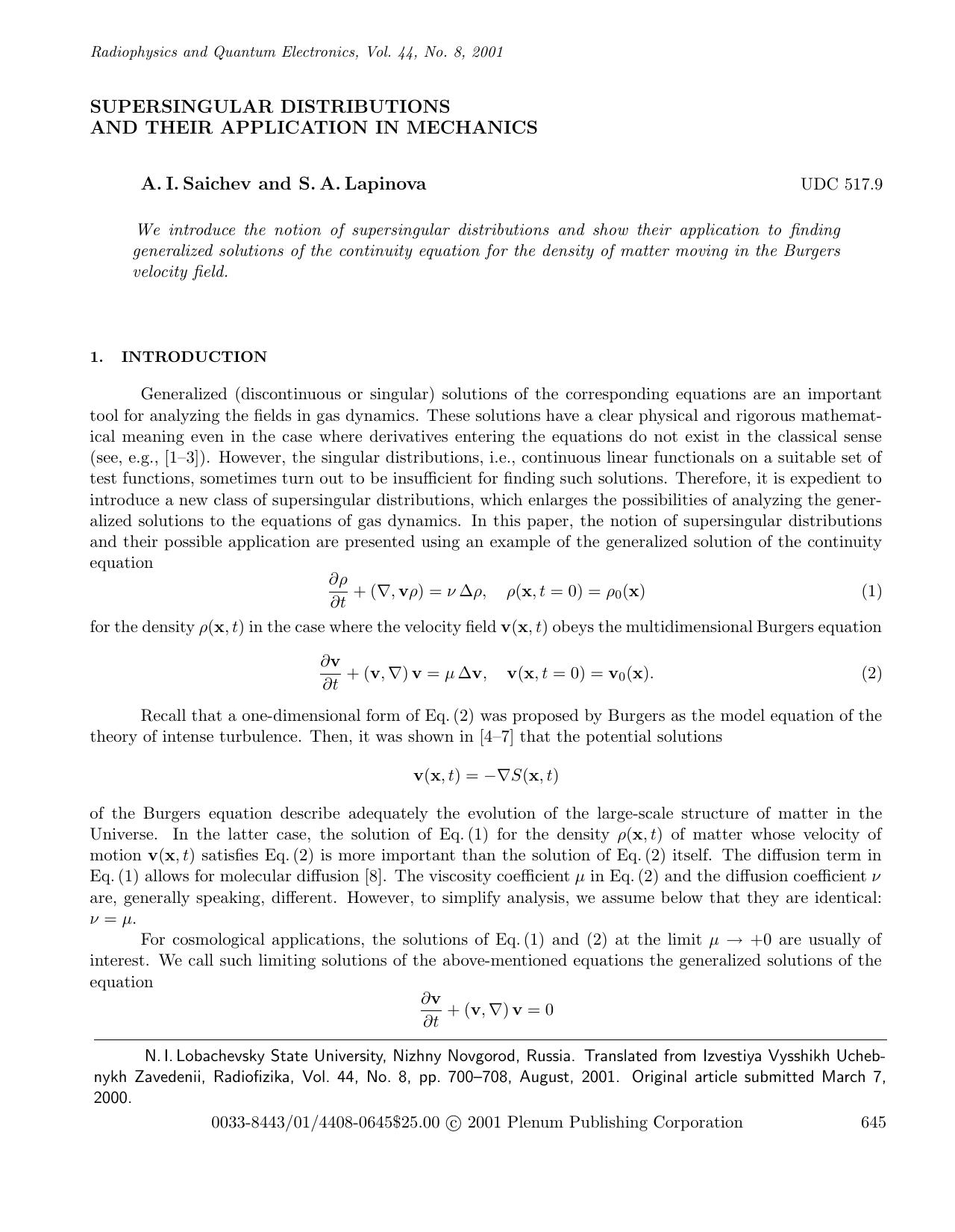 Supersingular Distributions and Their Application in Mechanics by Unknown