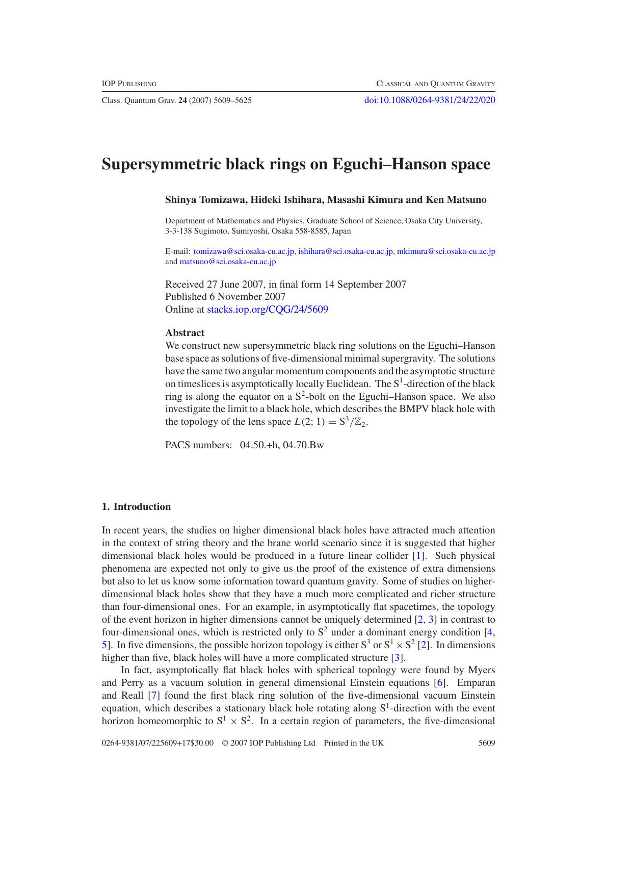 Supersymmetric black rings on Eguchi--Hanson space by S Tomizawa et al