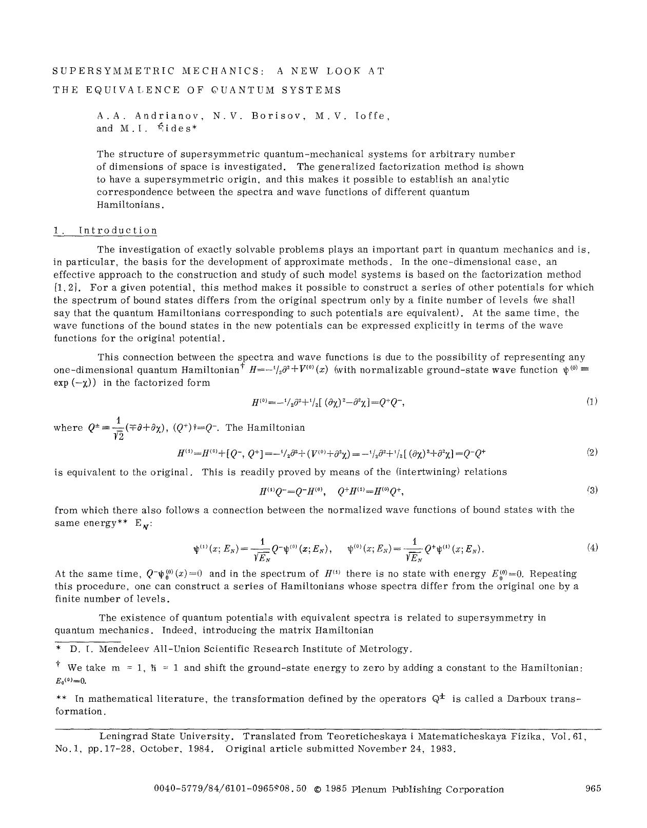 Supersymmetric mechanics: A new look at the equivalence of quantum systems by Unknown