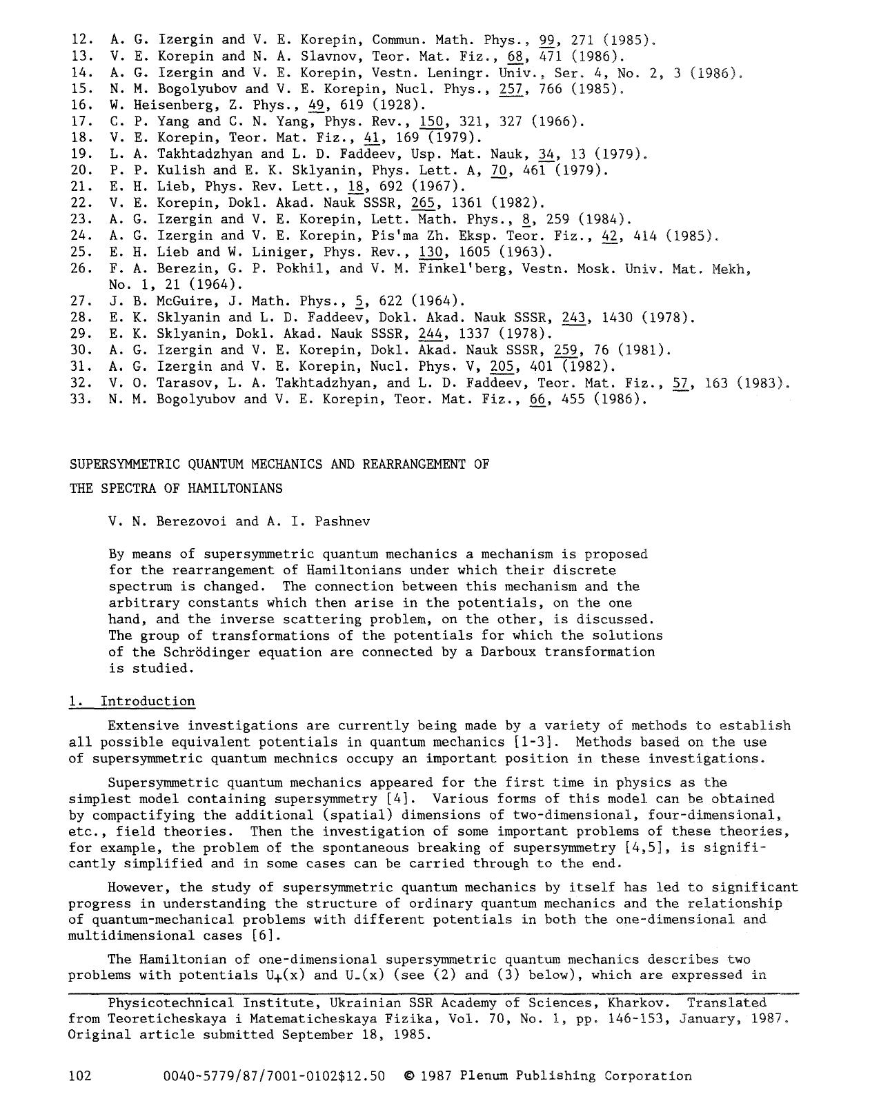 Supersymmetric quantum mechanics and rearrangement of the spectra of Hamiltonians by Unknown