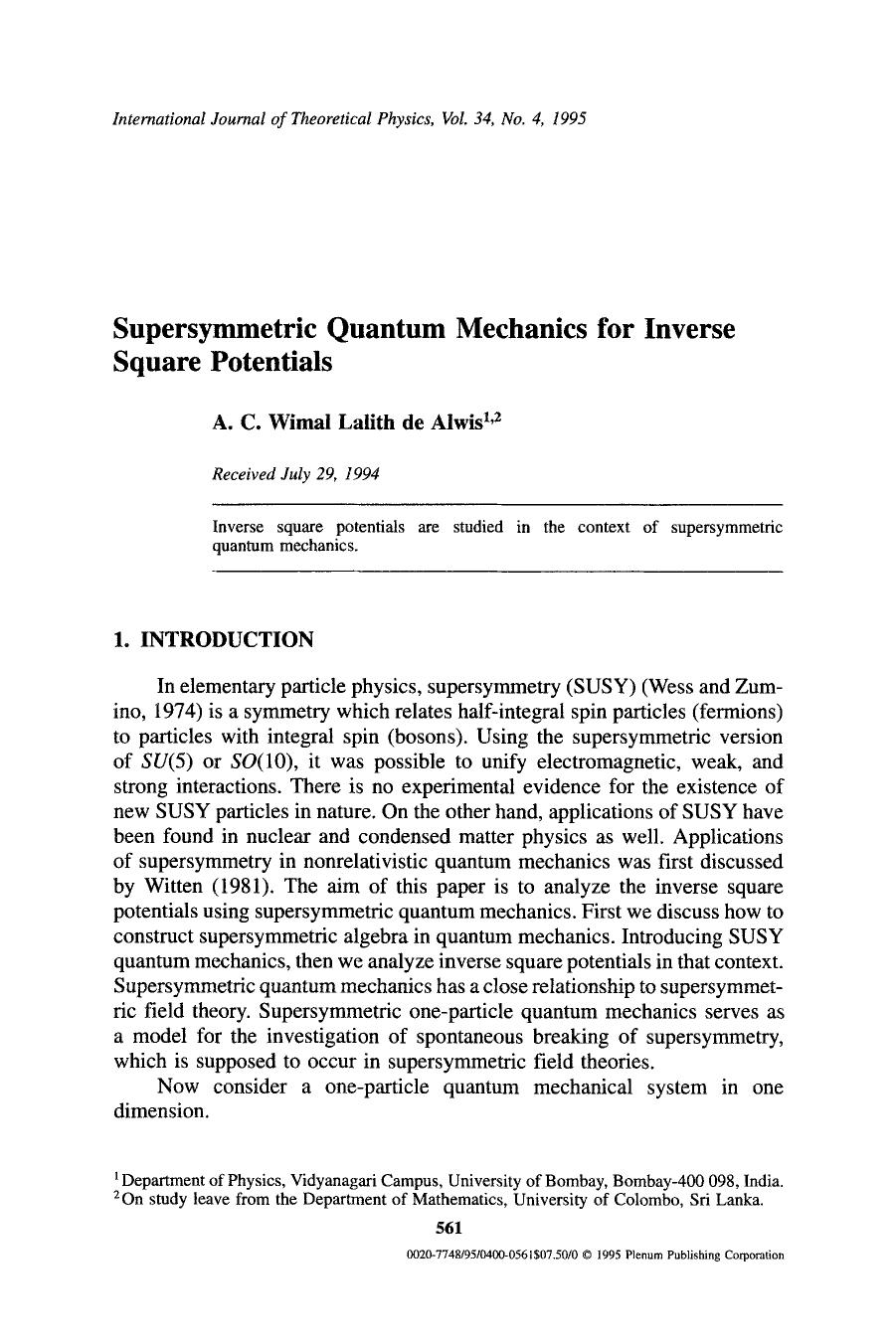 Supersymmetric quantum mechanics for inverse square potentials by Unknown