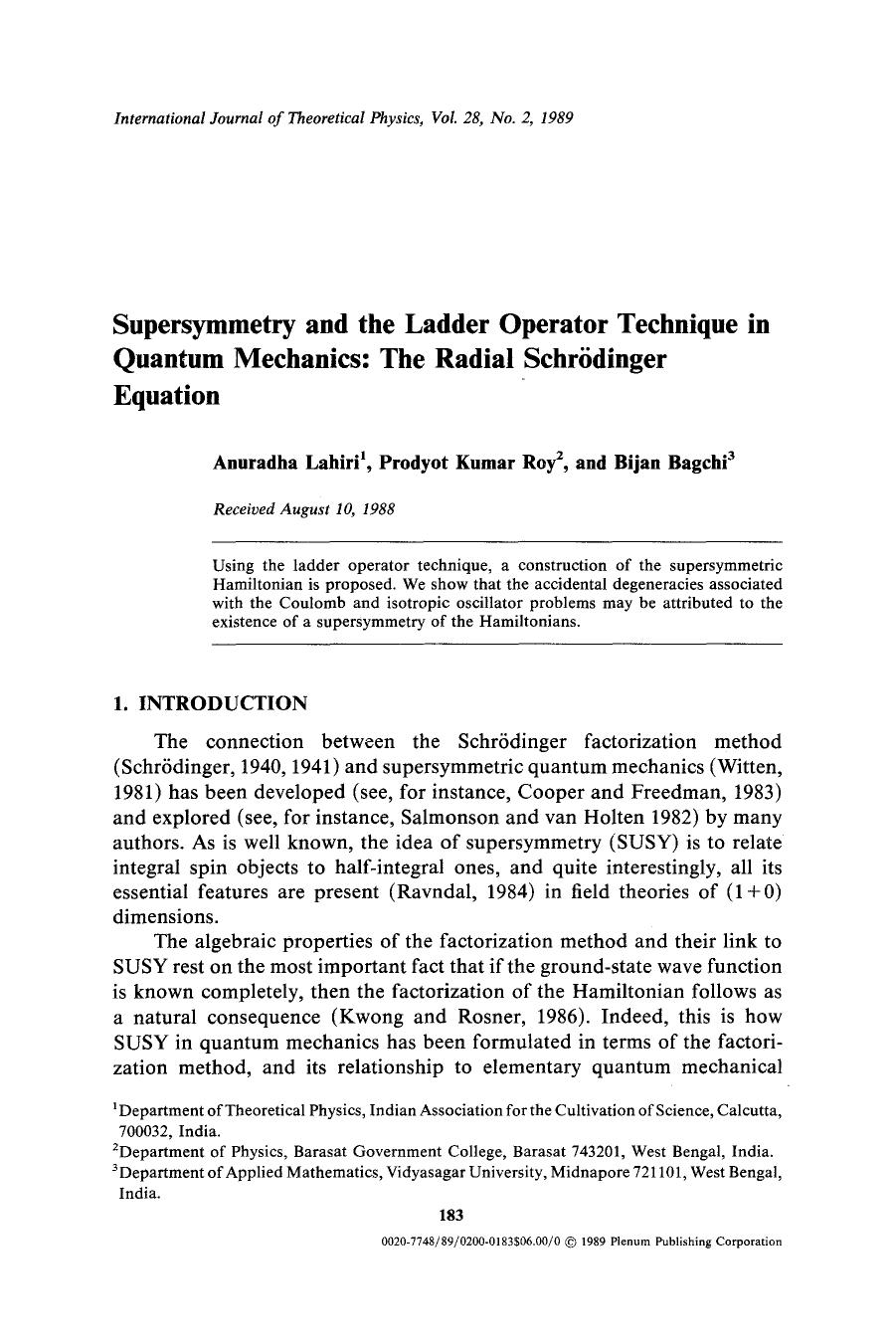 Supersymmetry and the ladder operator technique in quantum mechanics: The radial Schr&#x00F6;dinger equation by Unknown