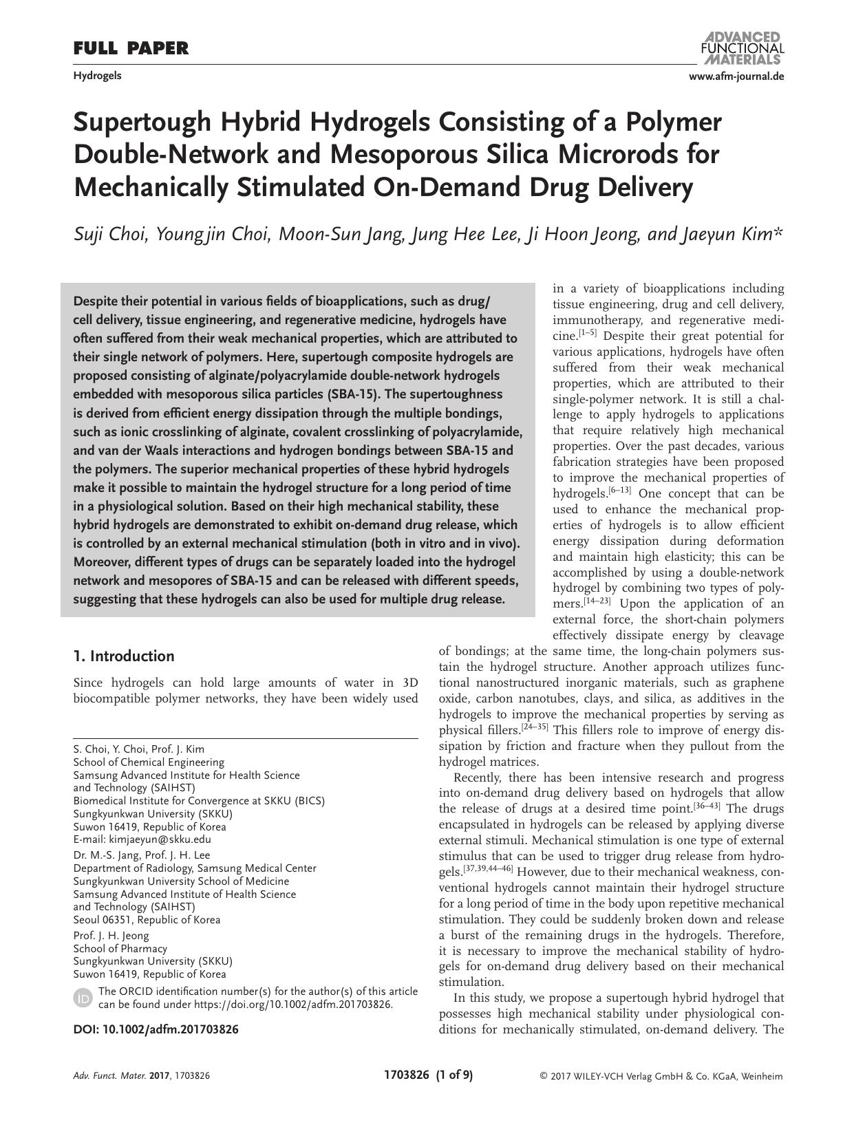 Supertough Hybrid Hydrogels Consisting of a Polymer Double‐Network and Mesoporous Silica Microrods for Mechanically Stimulated On‐Demand Drug Delivery by Unknown