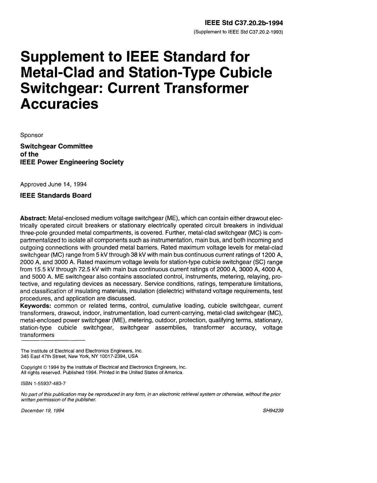 Supplement To IEEE Standard For Metal-clad And Station-type Cubicle Switchgear: Current Transformer - IEEE Std C37.20.2b-l 994 (Supplement to IEEE Std C37.20.2-1993) by IEEE