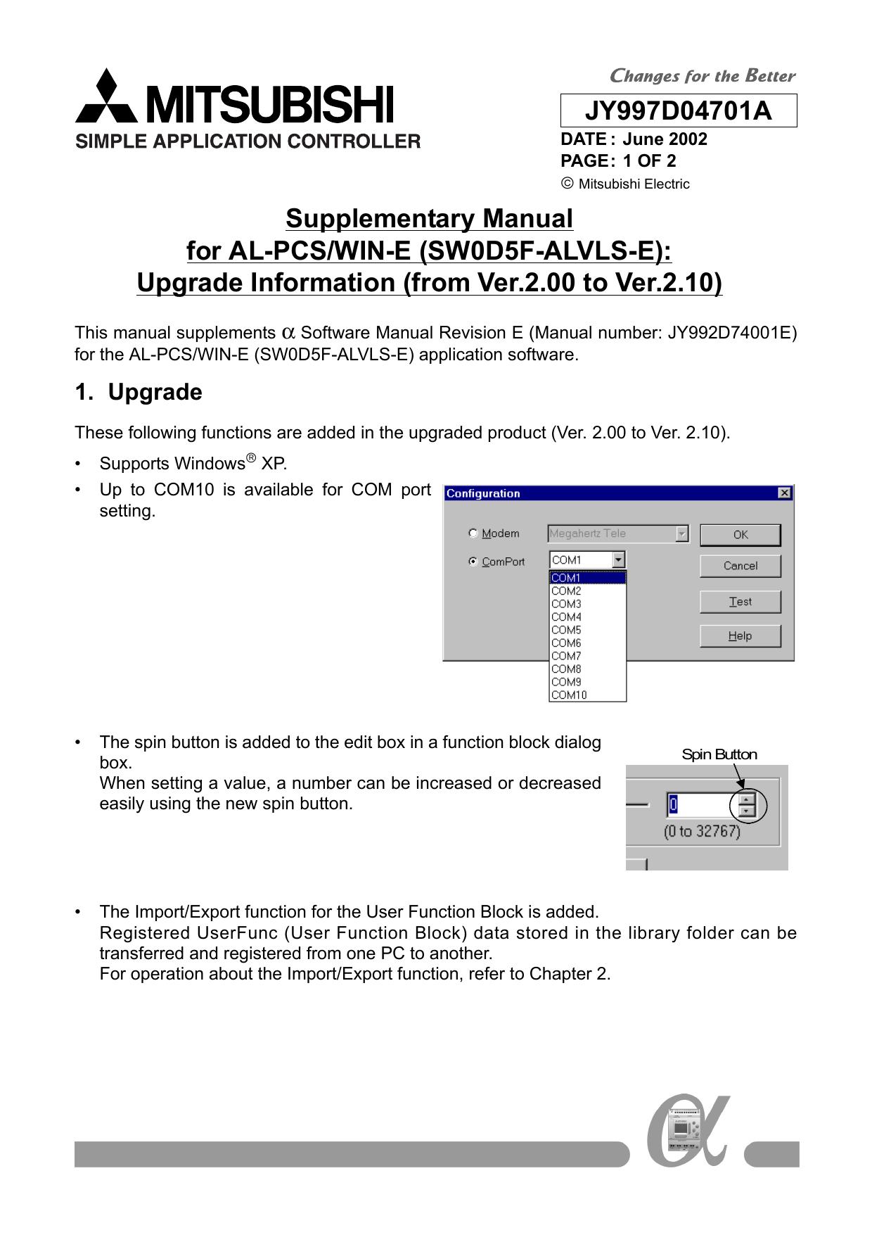 Supplementary Manual for AL-PCSWIN-E (SW0D5F-ALVLS-E): Upgrade Information (from Ver.2.00 to Ver.2.10) by Mitsubishi Electric Corporation