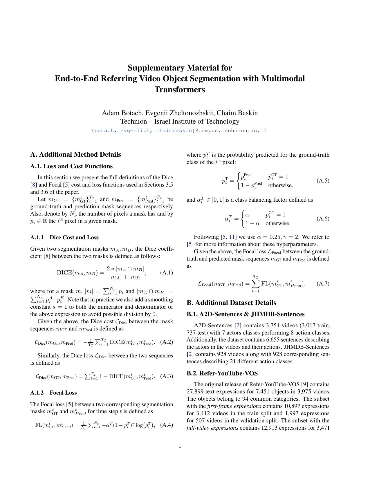 Supplementary Material for End-to-End Referring Video Object Segmentation with Multimodal Transformers by Adam Botach Evgenii Zheltonozhskii Chaim Baskin
