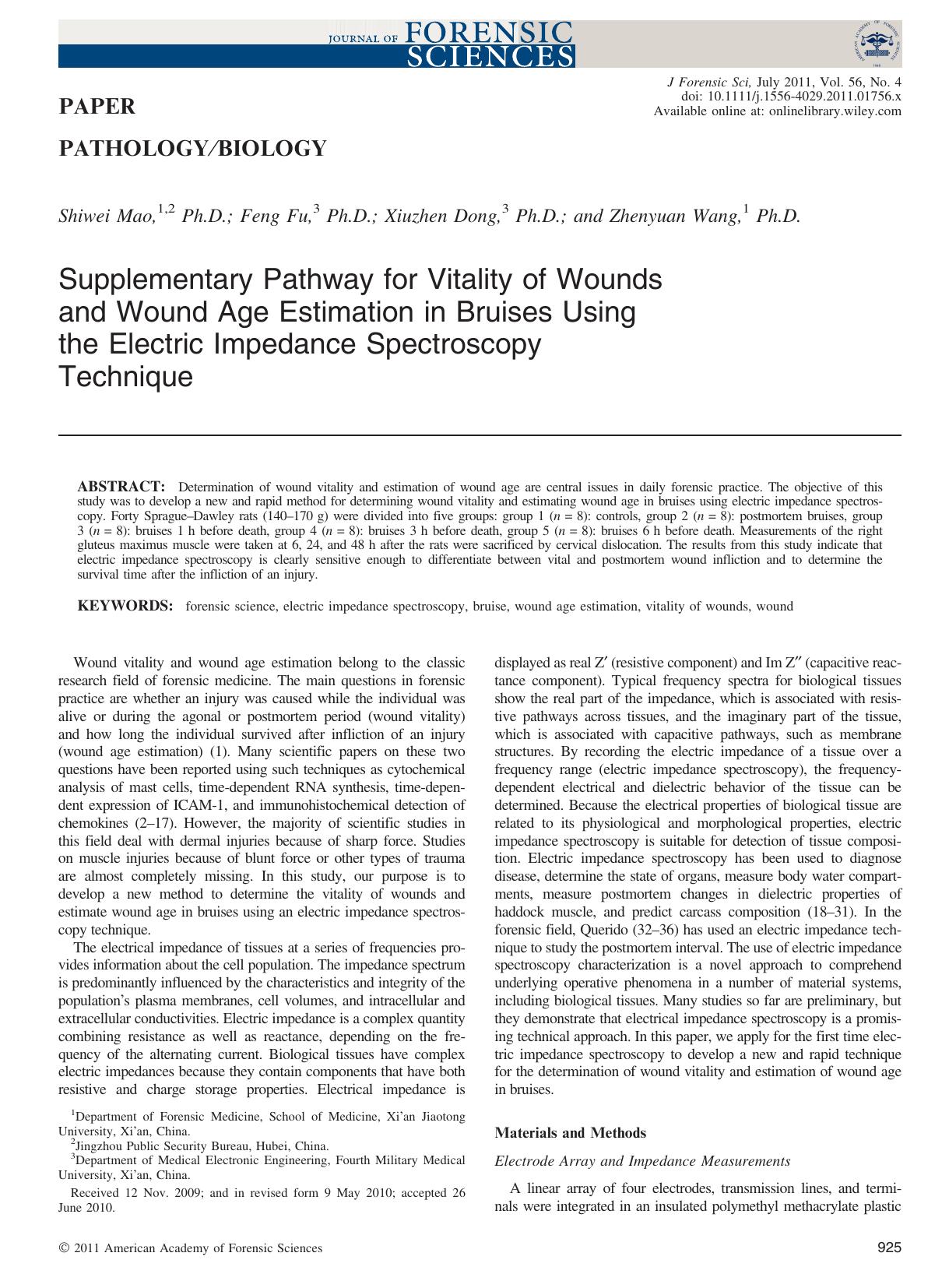 Supplementary Pathway for Vitality of Wounds and Wound Age Estimation in Bruises Using the Electric Impedance Spectroscopy Technique by Unknown