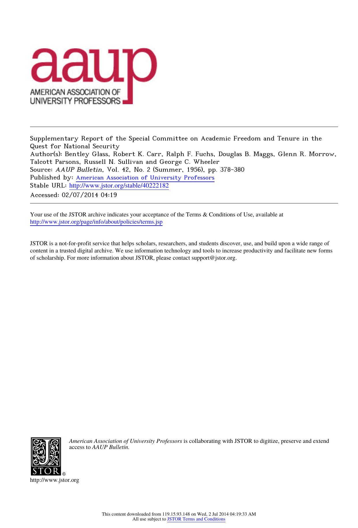 Supplementary Report of the Special Committee on Academic Freedom and Tenure in the Quest for National Security by Supplementary Report of the Special Committee on Academic Freedom & Tenure in the Quest for National