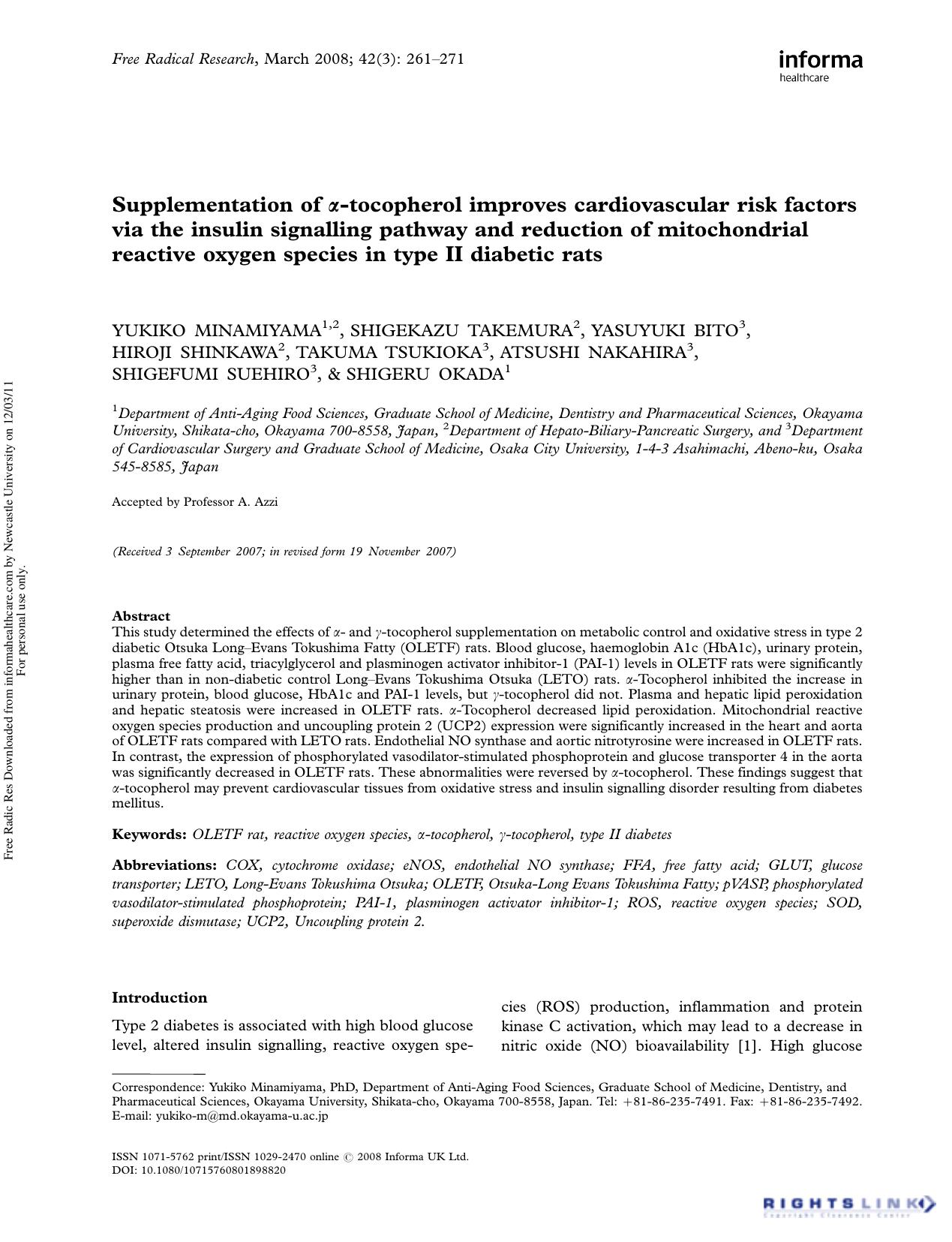 Supplementation of Î±-tocopherol improves cardiovascular risk factors via the insulin signalling pathway and reduction of mitochondrial reactive oxygen species in type II diabetic rats by unknow