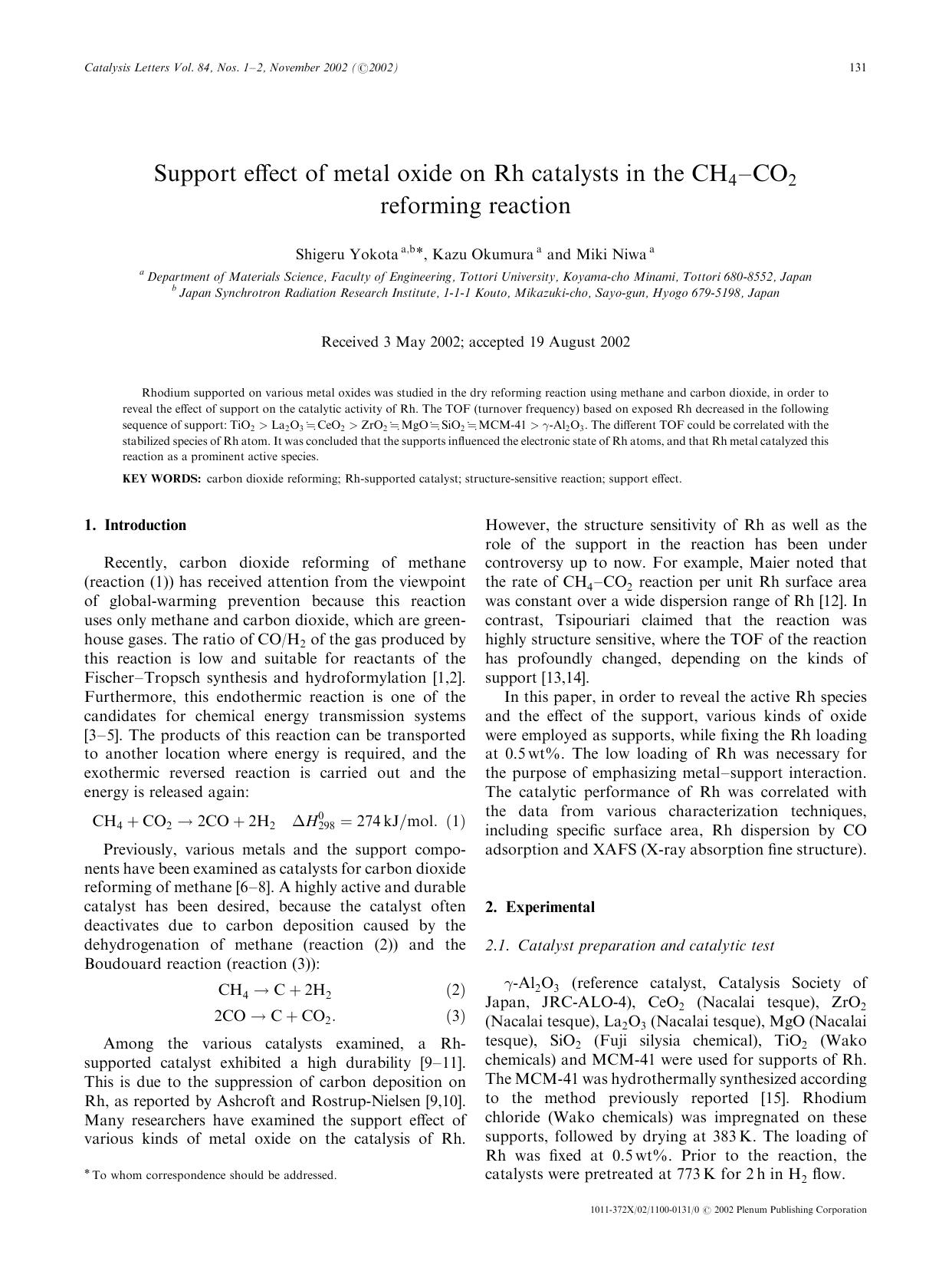 Support Effect of Metal Oxide on Rh Catalysts in the CH<Subscript>4<Subscript>-CO<Subscript>2<Subscript> Reforming Reaction by Unknown